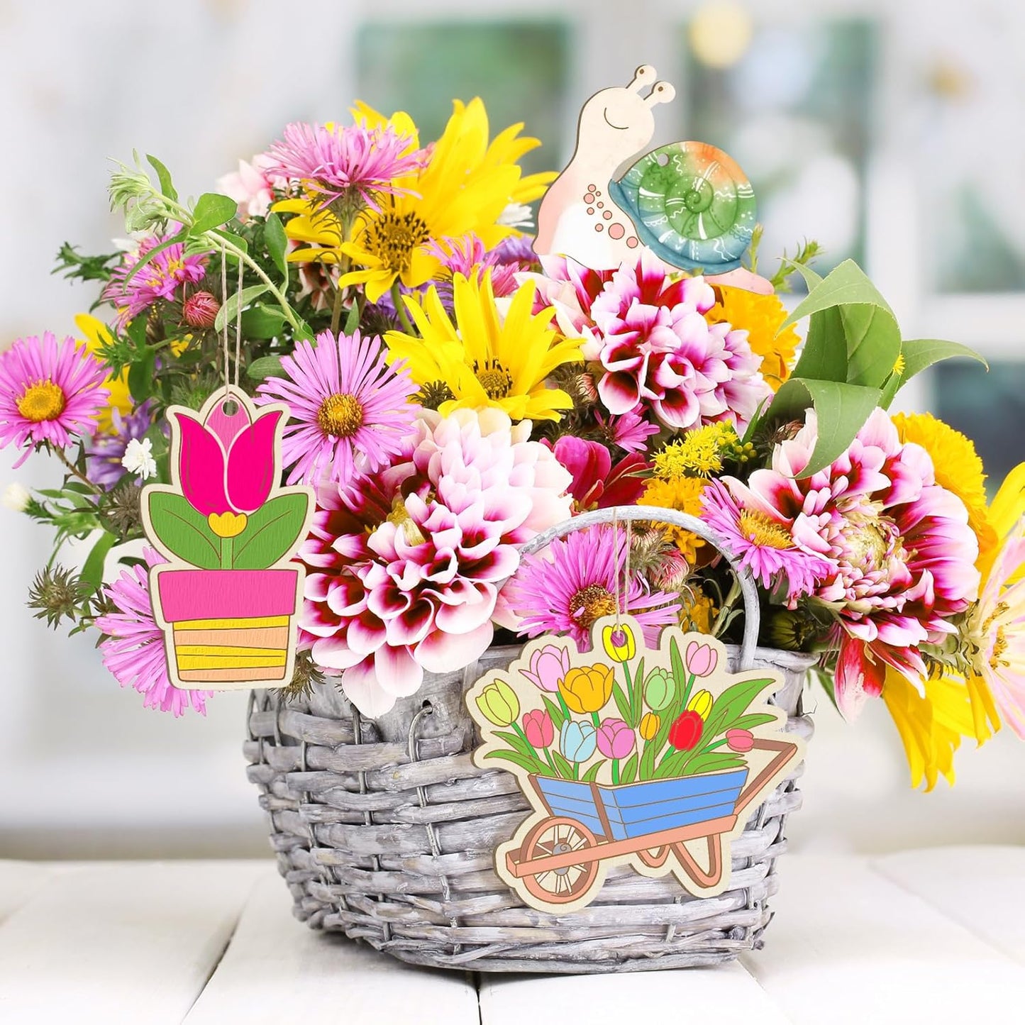 36 PCS Wooden Spring Ornaments to Paint, 12 Styles DIY Blank Unfinished Wood Flower Cutouts Butterfly Ornament for Crafts Hanging Decorations, Cute Bee Flower Shape Home Decorations Gifts