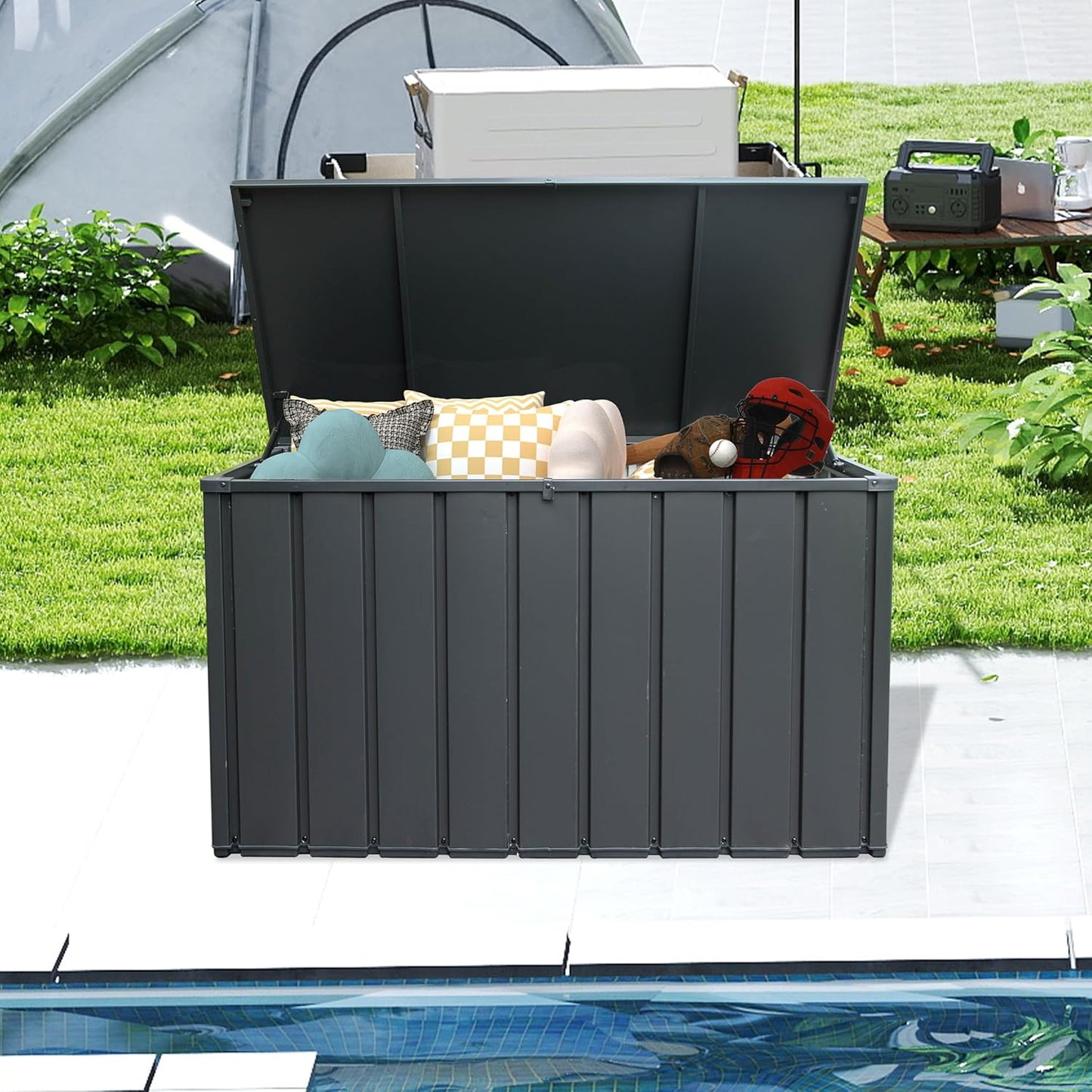 Domi 200 Gallon Deck Box, Outdoor Metal Lockable Storage Cabinet, Waterproof Steel Outdoor Bench with Lockable Lid, Side Handles & Rolling Casters for Outside Cushions, Pillows, Garden Tools, Grey