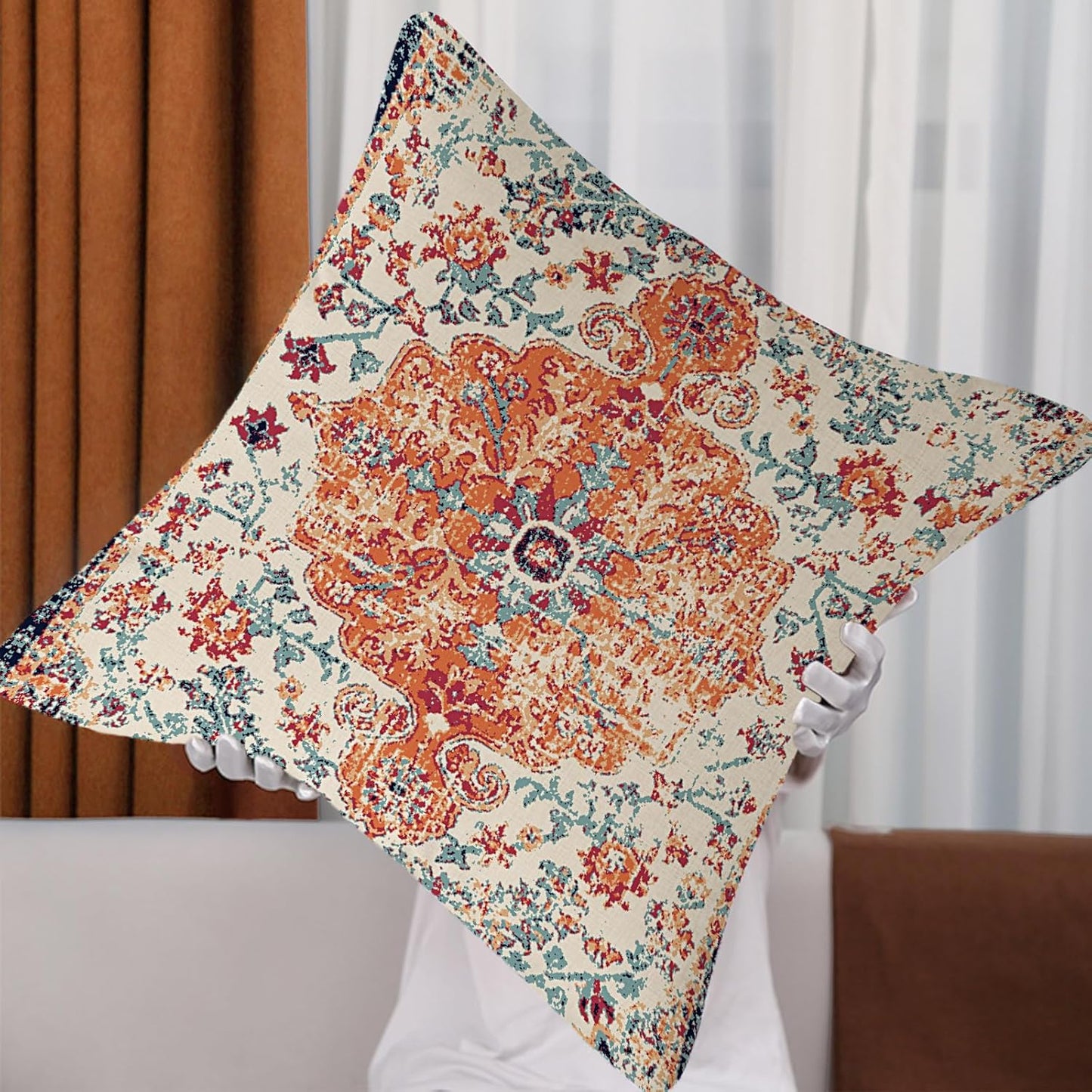Outdoor Waterproof Pillow Covers 16X16 Inch Set of 2 - Bohemian Vintage Carpet Pattern Orange Blue Ethnic Design Decorative Farmhouse for Couch Garden Balcony