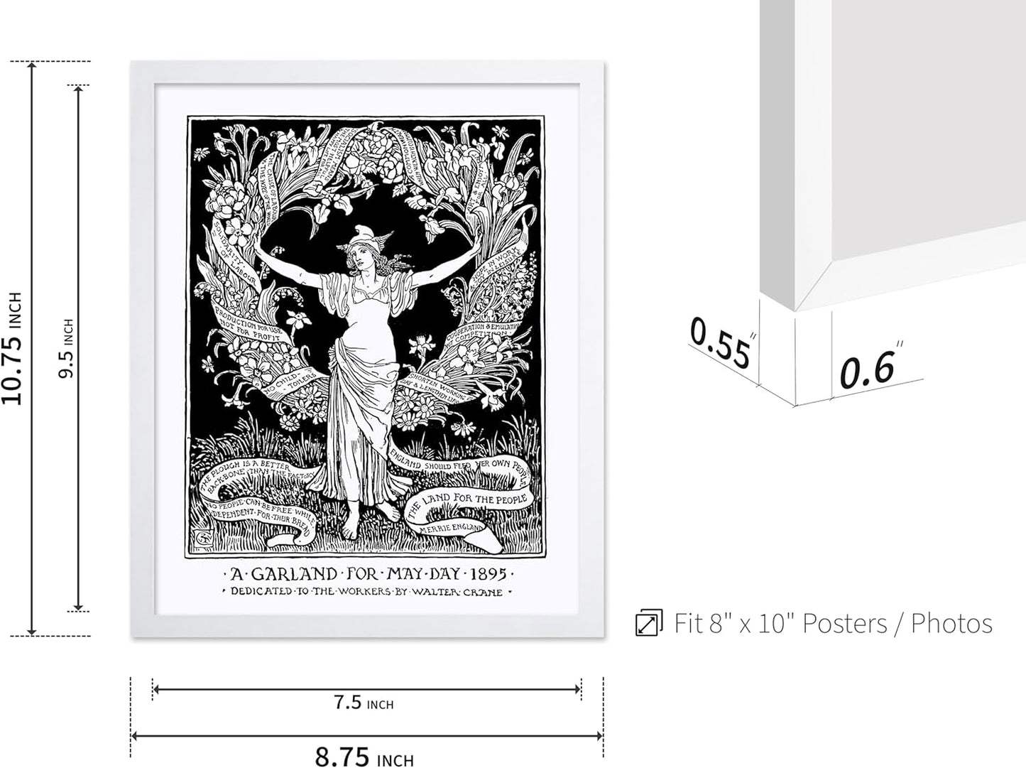 Poster Master Vintage Walter Crane Poster - Retro A Garland for May Day Print - Socialist Art - Gift for Him, Her, Men, Women - Wall Decor for Home, Office, Living Room, 8x10 White Framed