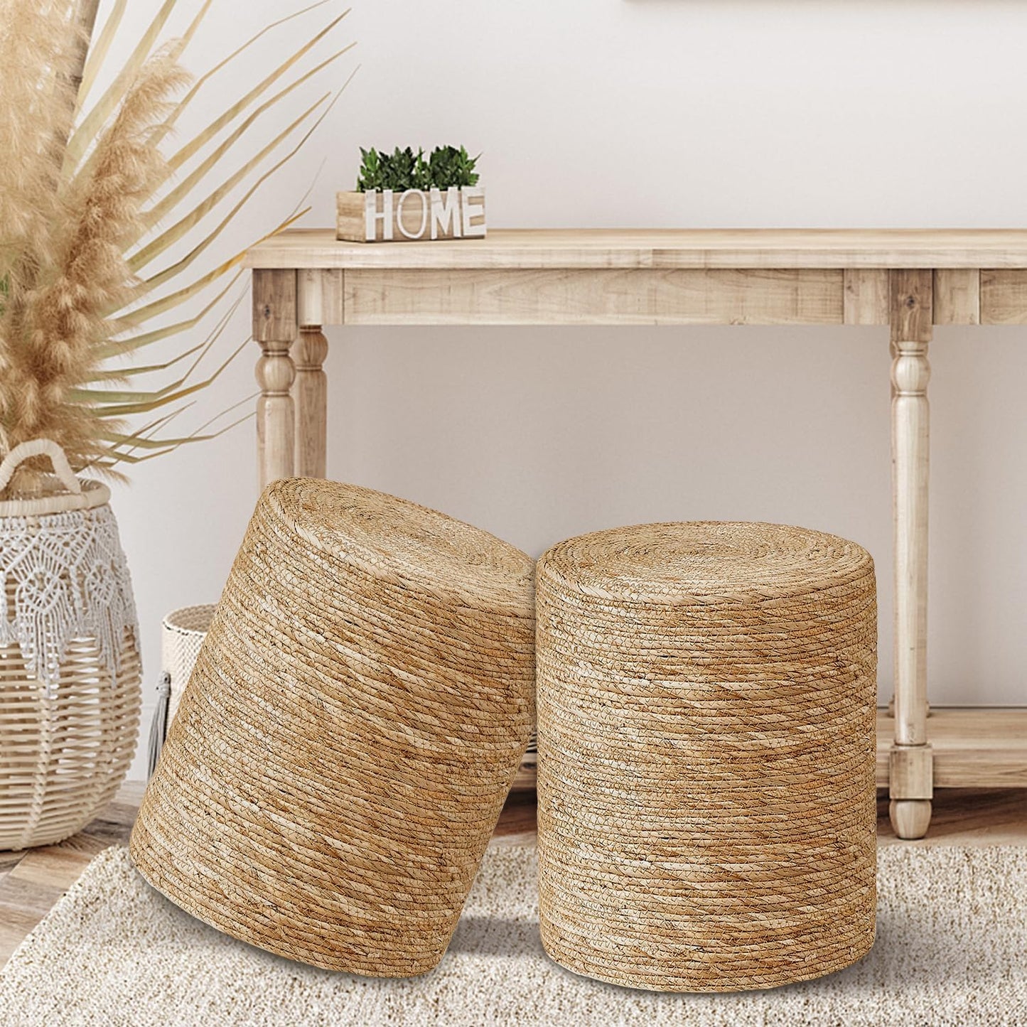 Cplxroc Pouf Ottoman, 100% Handwoven Seagrass Braided Pouffe, Boho Decor Floor Chair for Couch or Desk, Outdoor Ottomans for Garden, Round Footrest with Wood Frame, Home Decorative Seat for Balcony