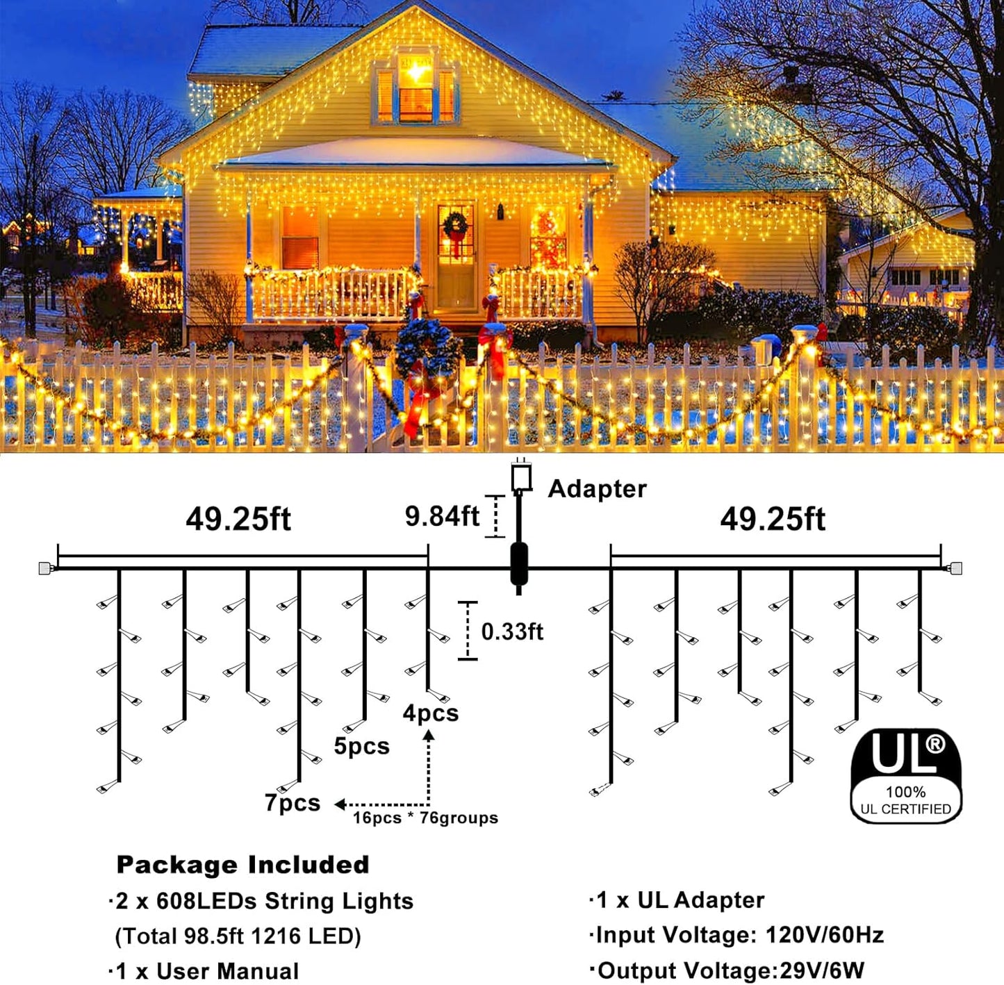 Icicle Christmas Lights, 98FT 1216 LED Icicle Lights for Outside with 228 Drops, 8 Modes Waterproof Twinkle String Lights for House Bedroom Wedding Holiday Decorations, Warm White
