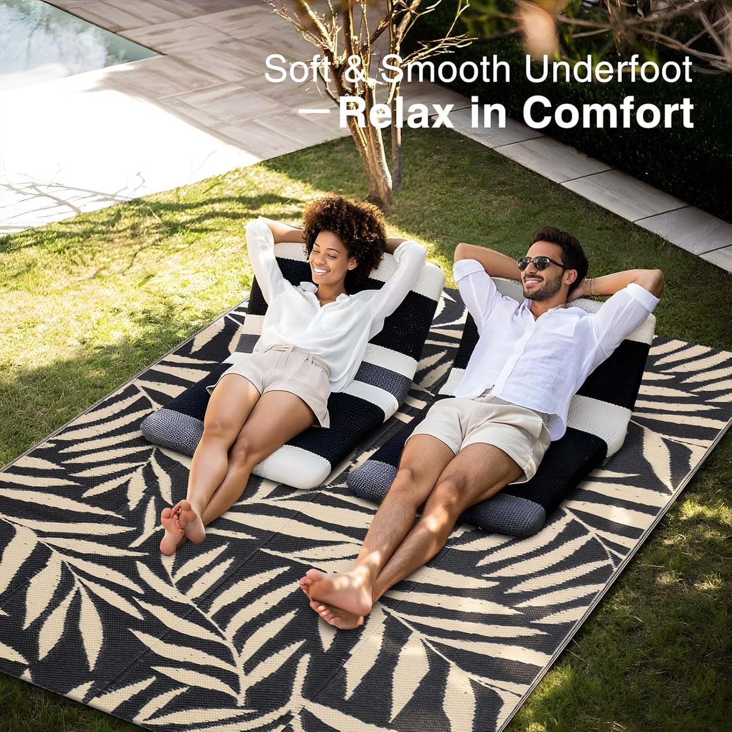 OLANLY Waterproof Outdoor Rug 5x8 ft, Reversible Outdoor Plastic Straw Rug with Leaf Pattern, RV Mat, Indoor Outdoor Carpet for Patio, Camping, Balcony, Deck, Backyard, Black & Beige