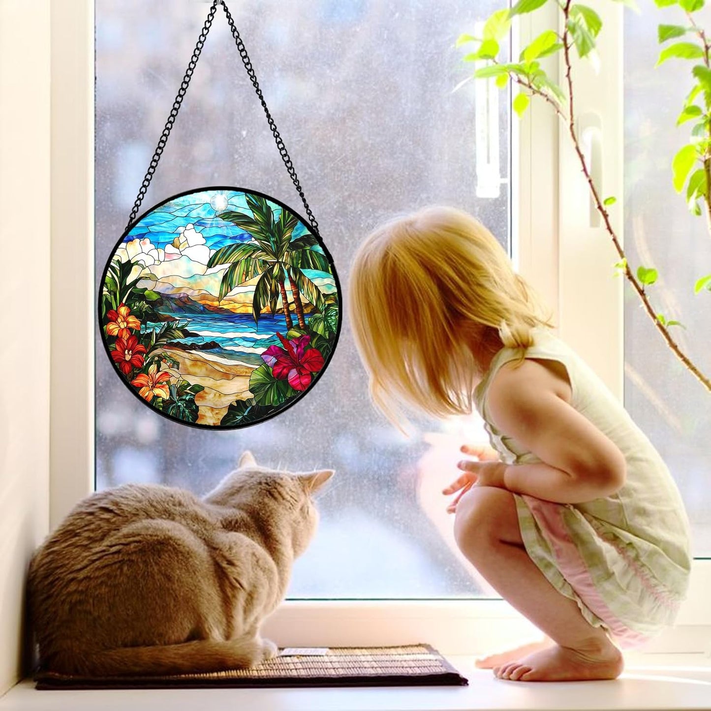 Stained Glass Window Hanging, Blue Beach Scenery Suncatcher Diamond Glass Panel Hangings Sun Catchers Decor for Birthday for Women, Men, Wife, Aunt, and Mom 7.8 in