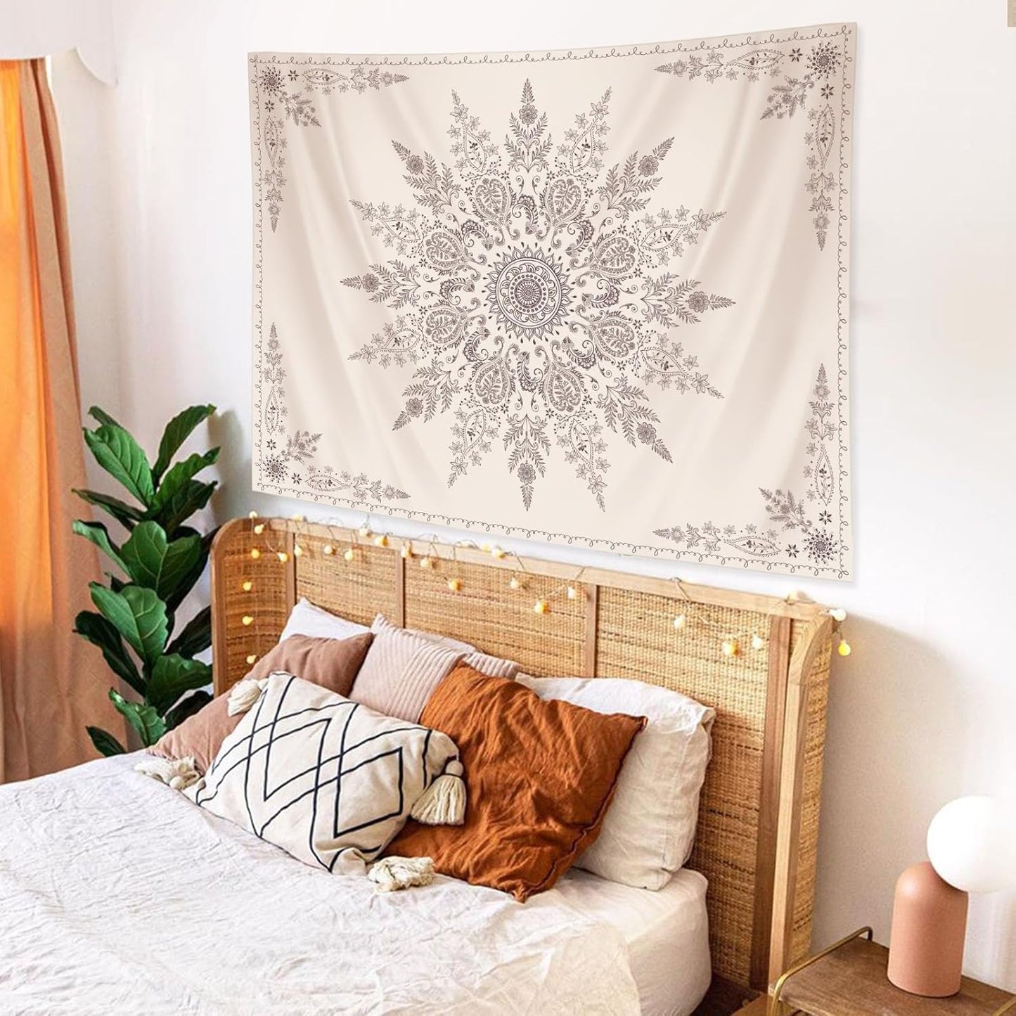 Lunerfex Boho Floral Tapestry Mandala Wall Tapestry, Cute Tapestries for Bedroom Beige Flower Tapestries Wall Hanging for Bedroom Living Room Decor Beige-2 70"x90"