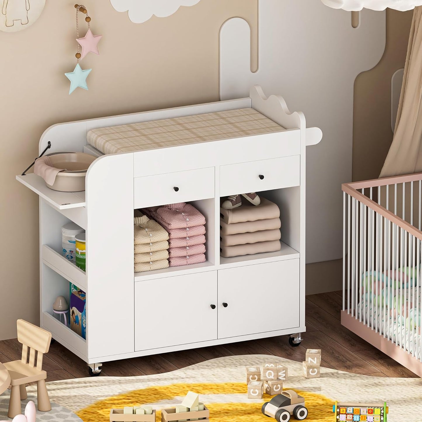 Baby Changing Table Dresser, 3 Drawers Nursery Dresser with 4 Open Cubbies, Rolling Chest of Drawers with Wheels, 43" W x 19.5" D x 40" H