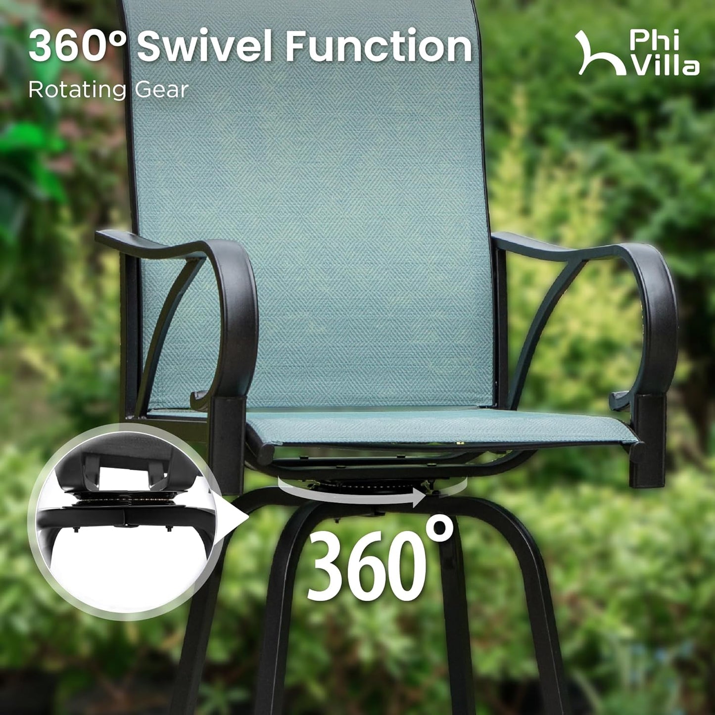 PHI VILLA 5 Piece Outdoor Bar Set, High Top Patio Bistro Bar Table and 4 Outdoor Swivel Bar Stools Chairs with Teal Textilene Fabric for Outside, Balcony, Garden and Yard