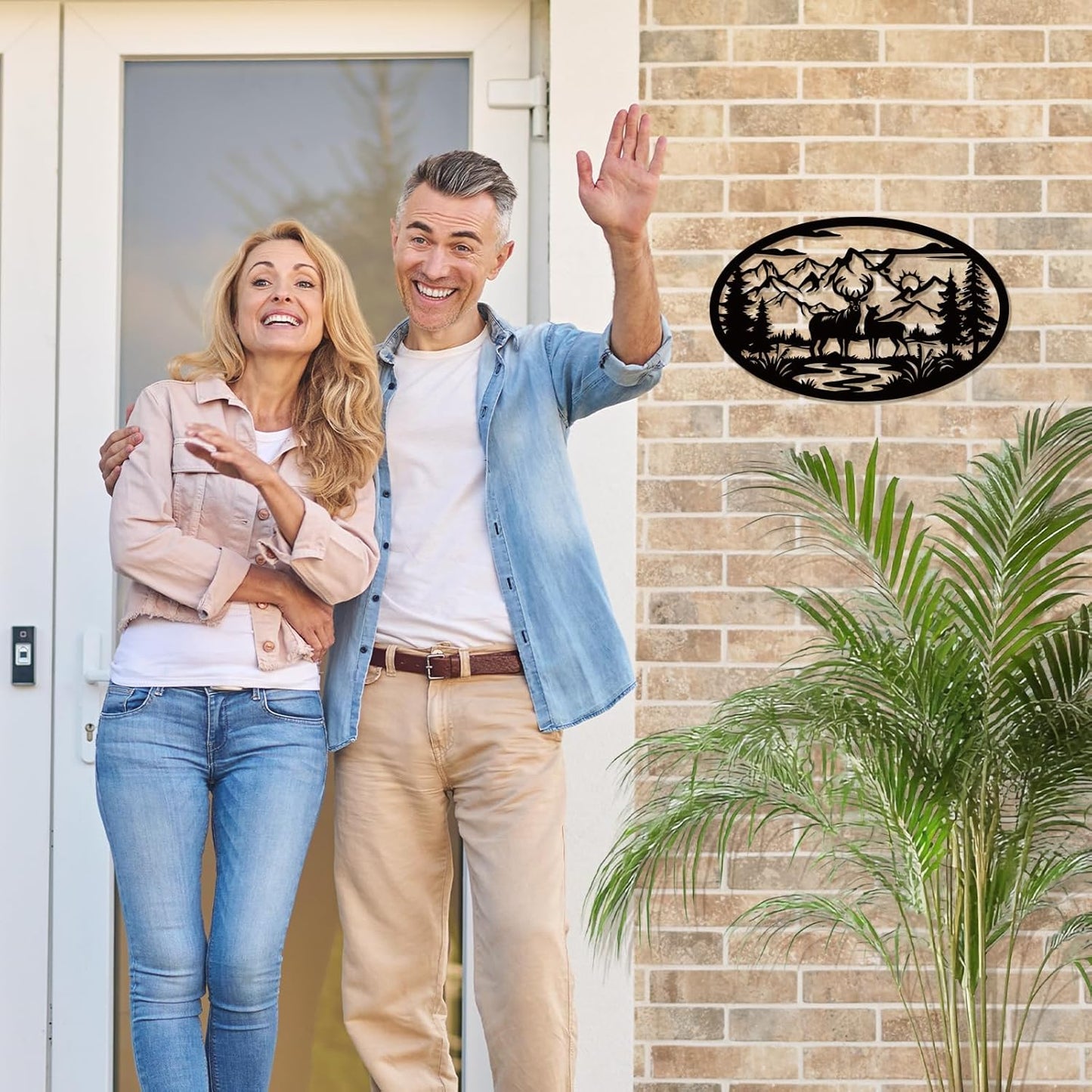 Rustic Metal Deer Cabin Sign, Christmas Gift for Living Room,Welcome Sign, Deer Outdoor Metal Wall Art, Great Gift for Hunters, Cabin Deco