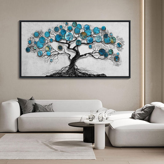 CHATYOUNG Canvas Wall Art Bedroom - Tenacious Tree of Life Blue and Gray Painting Modern Black Framed Artwork for Living Room Bedroom Dining Room Office Home Decor 48"x24"