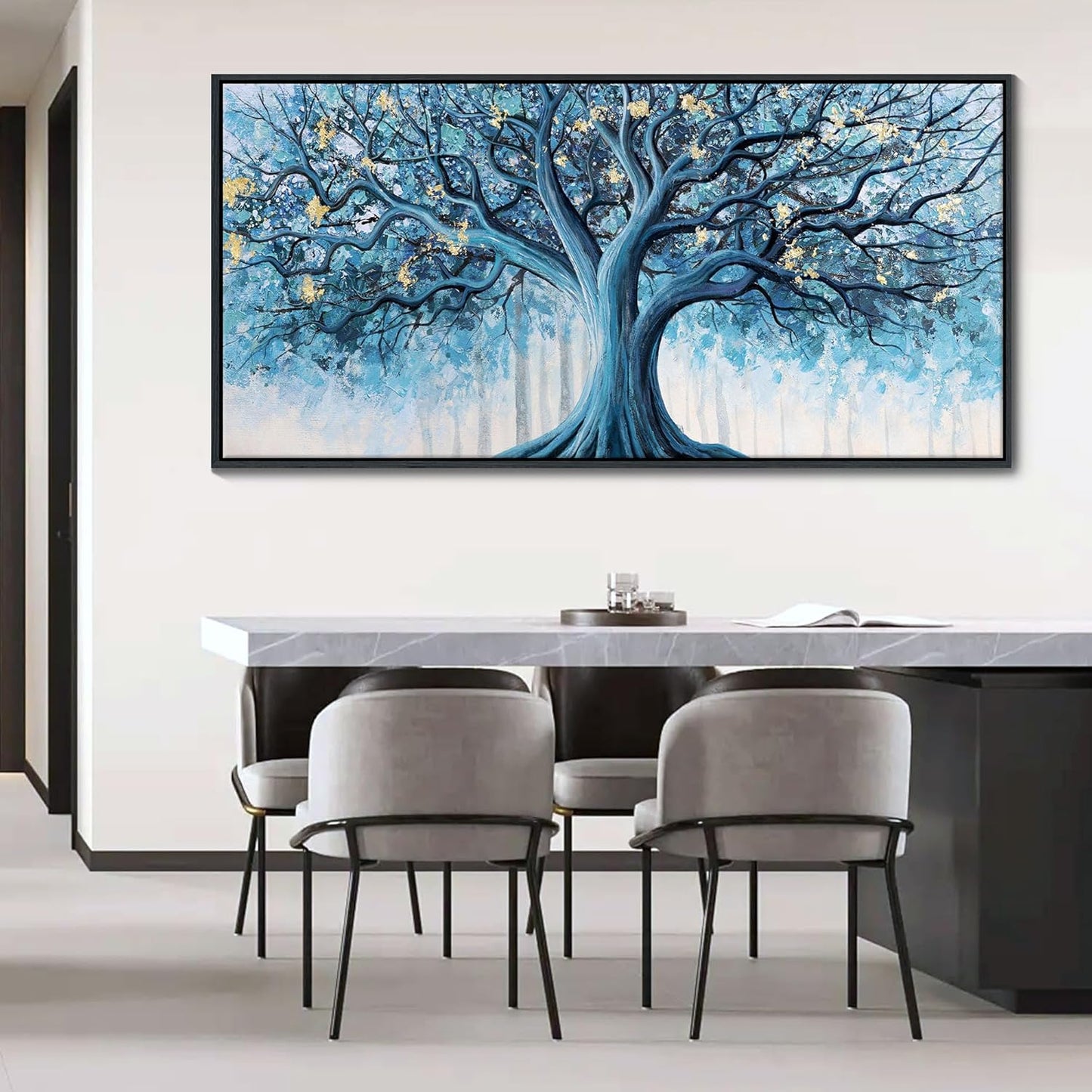 Navy Blue Canvas Wall Art - Blue and Gold Nature Wall Decor, Tree of Life for Bedroom Wall Art, Large Pictures for Living Room, Office, or Bedroom, Framed Landscape Artwork 29×58IN