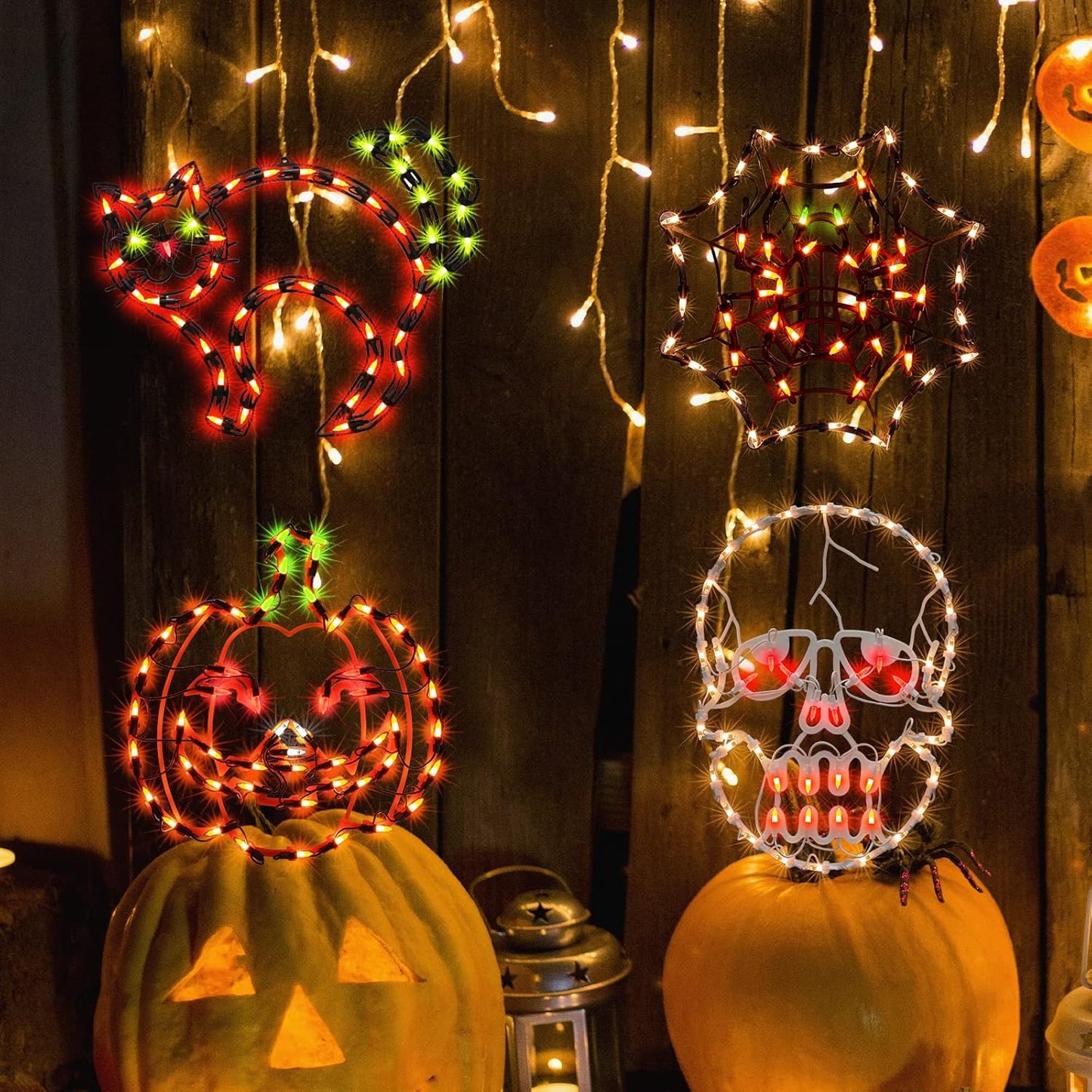 Lighted Spider, Bat, Happy Halloween Window Silhouette Decoration - Light Up Hanging Ornament