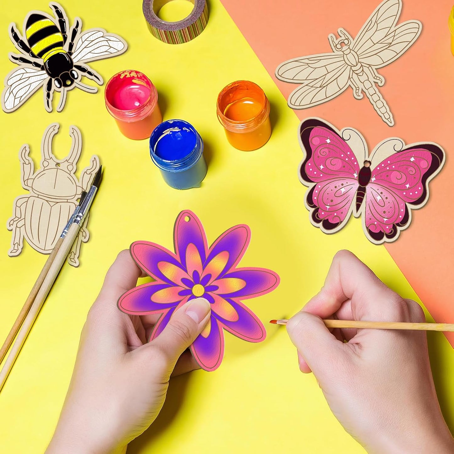 36PCS Wooden Spring Ornaments to Paint, 6 Styles DIY Blank Unfinished Wood Flower Cutouts Butterfly Ornament for Crafts Hanging Decorations, Cute Bee Flower Shape Home Decorations Gifts