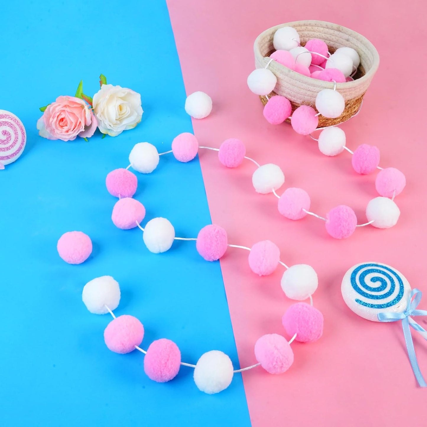 XmasExp Pom Pom Garland Decorations - Large Pink Felt Ball Garland for Baby Shower, Gender Reveal, Mantle,Tree Ornaments, Kids Room and Party Hanging Decor,13 Ft. (Pink, 1.57")