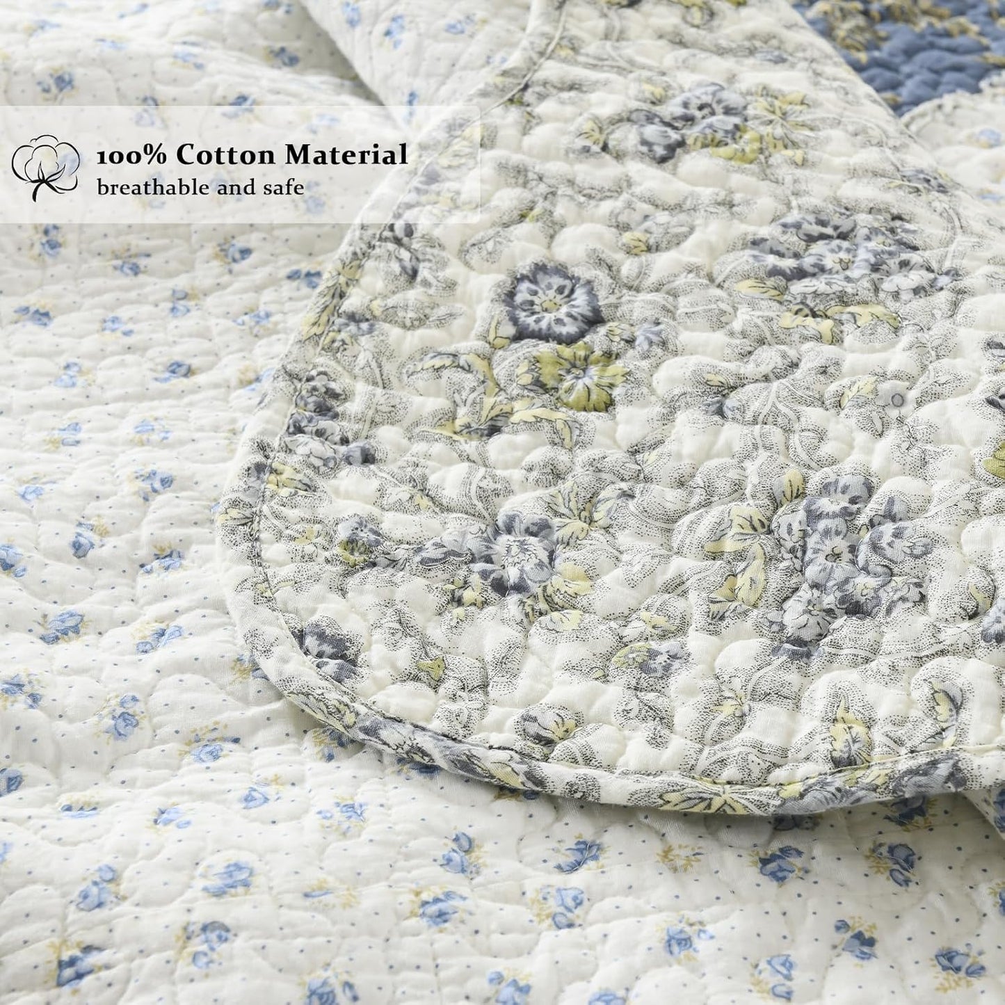 Yvooxny Quilt Set Queen Size Reversible Country Farmhouse Floral Real Patchwork Quilted Bedspread 3-Piece Quilt Set with Pillowcases with Ruffles for All Seasons, 90 x 98 Inches