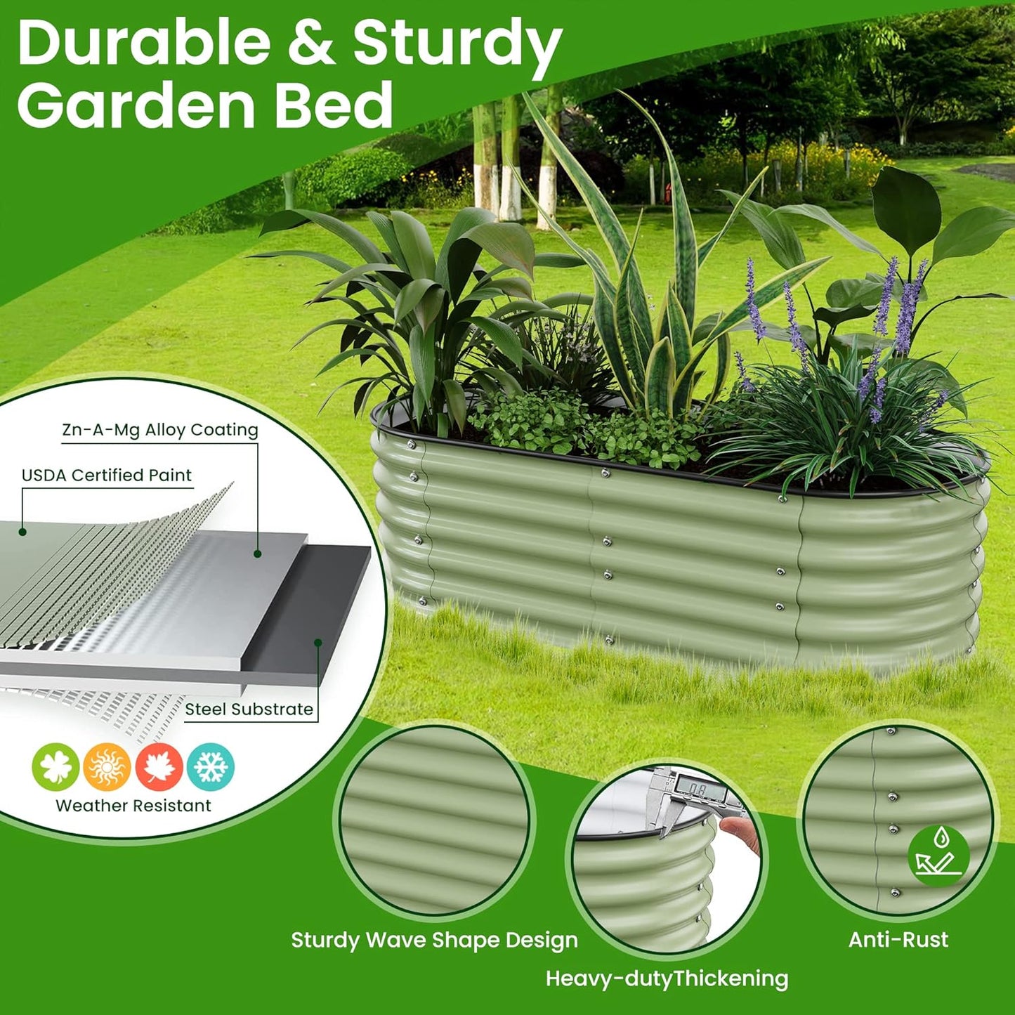 5x2x1.4 Ft Raised Garden Bed, Planter Box Outdoor with Rubber Edge Zinc-Aluminum-Magnesium Stainless Steel Durable Metal Garden Beds Kit for Vegetables, Flowers, Herbs and Succulents(Light Green)