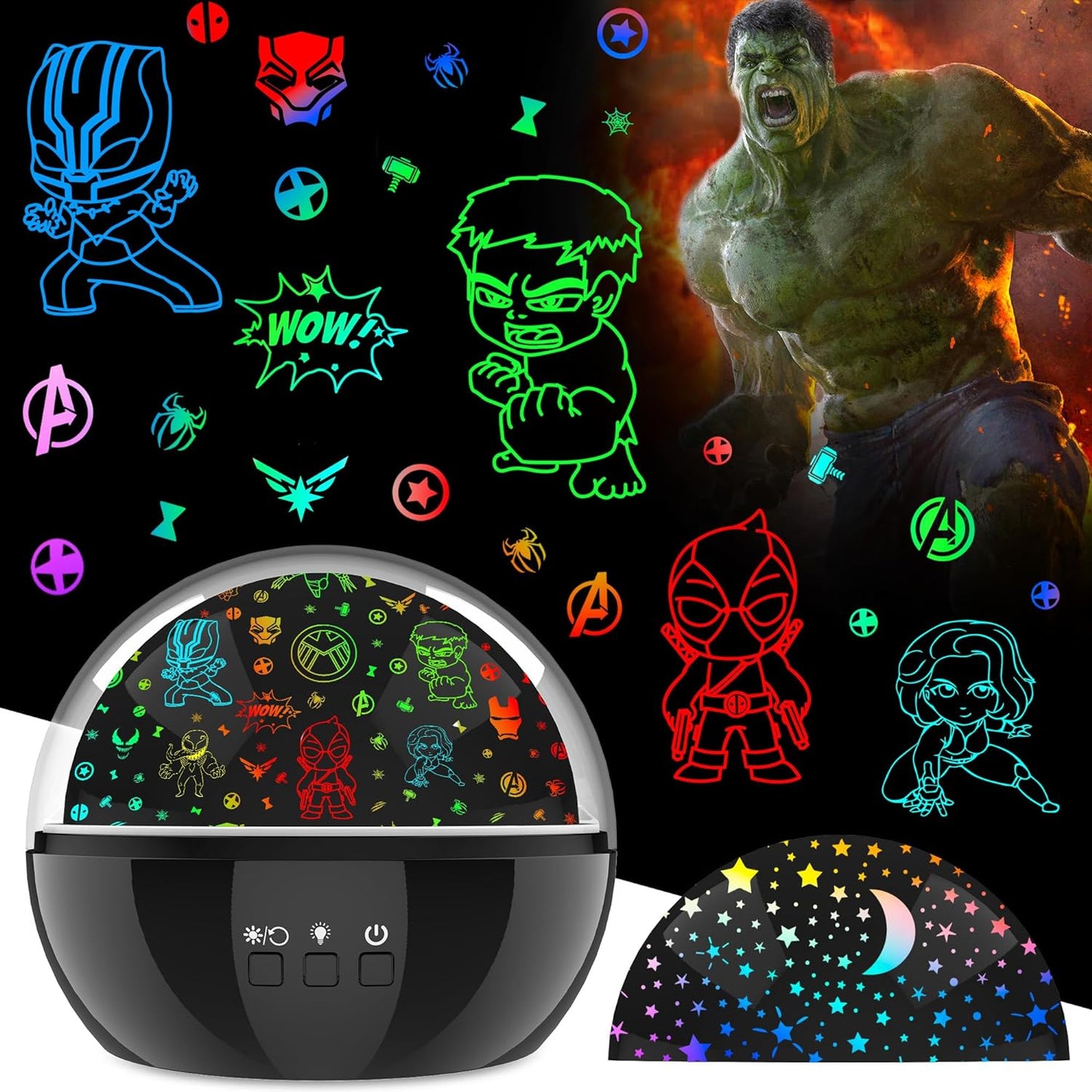 Superhero Night Light Projector for Boy,Kids Night Lights with Hulk and Star Theme,360 Degree Rotation,15 Mode Color Changing,Birthday Gift Toys