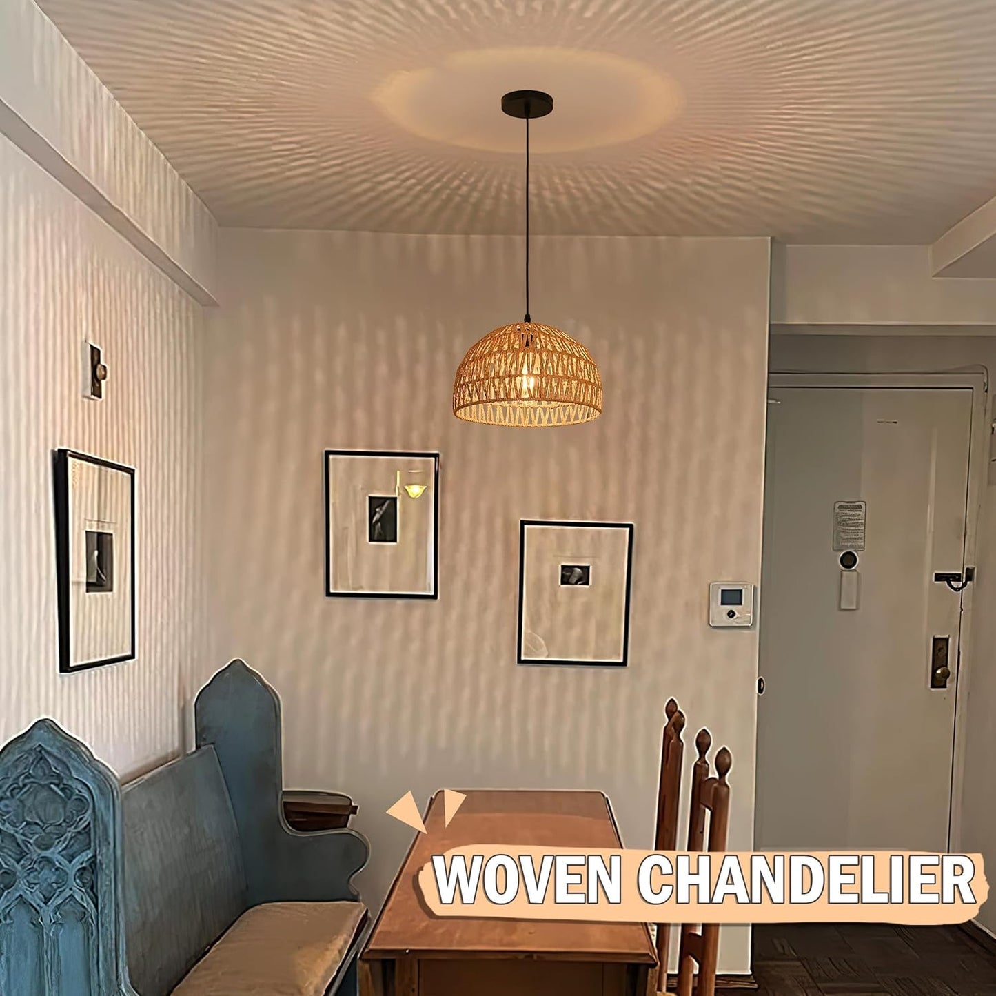 Hemp Rope Woven Pendant Light Woven Light Fixture Boho Chandelier Light Fixture Wicker Pendant Lights Rattan Lights Pendant Dome Wicker Chandelier for Dining Room Kitchen Island(Bulb Incl.