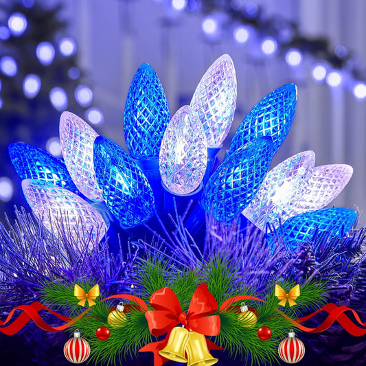 Outdoor Christmas Lights - 100 Ft LED String Lights with Blue & White Strawberry C9 Bulbs, Waterproof Connectable UL Certified for Indoor/Outdoor Use