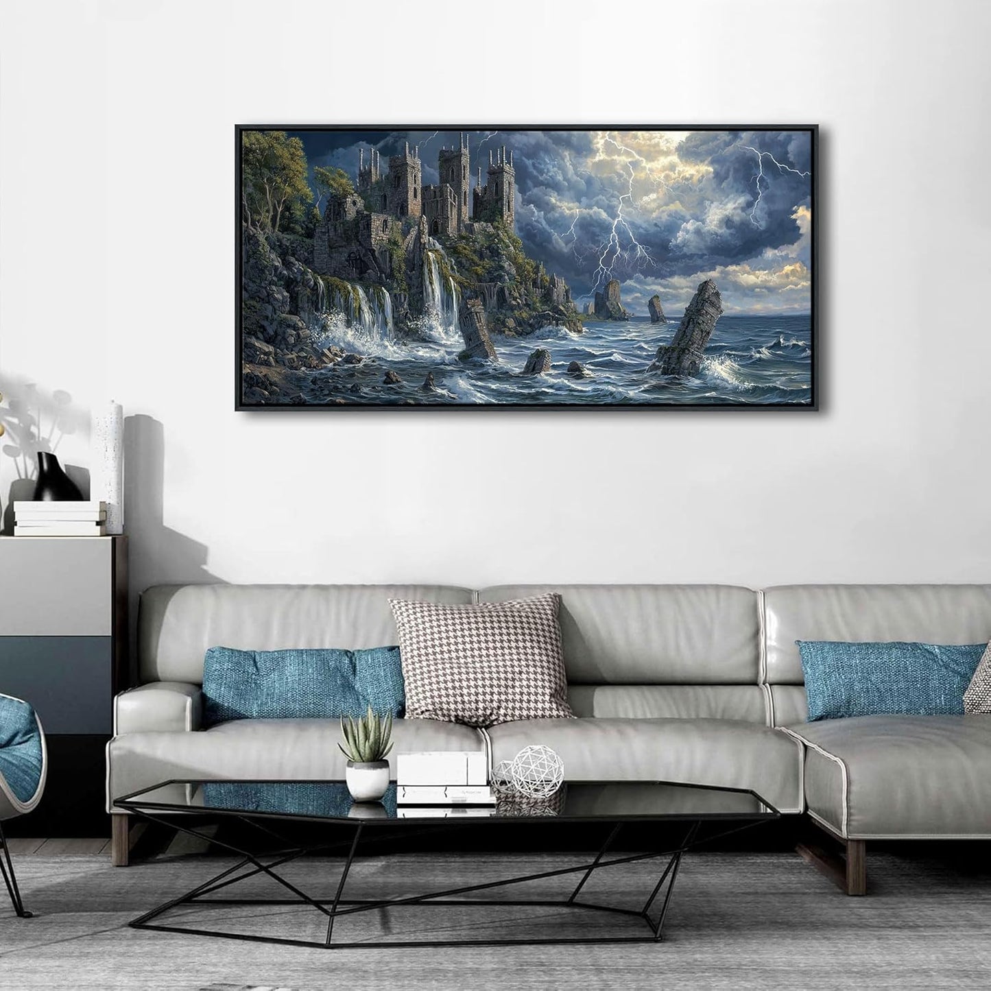 QZQCBLC Large Canvas Wall Art - Abstract Clouds Ocean Lightning Framed Landscape Gloomy Castle Paintings Artwork Picture for Living Room Bedroom Kitchen Home Painting Decor 24"X48"