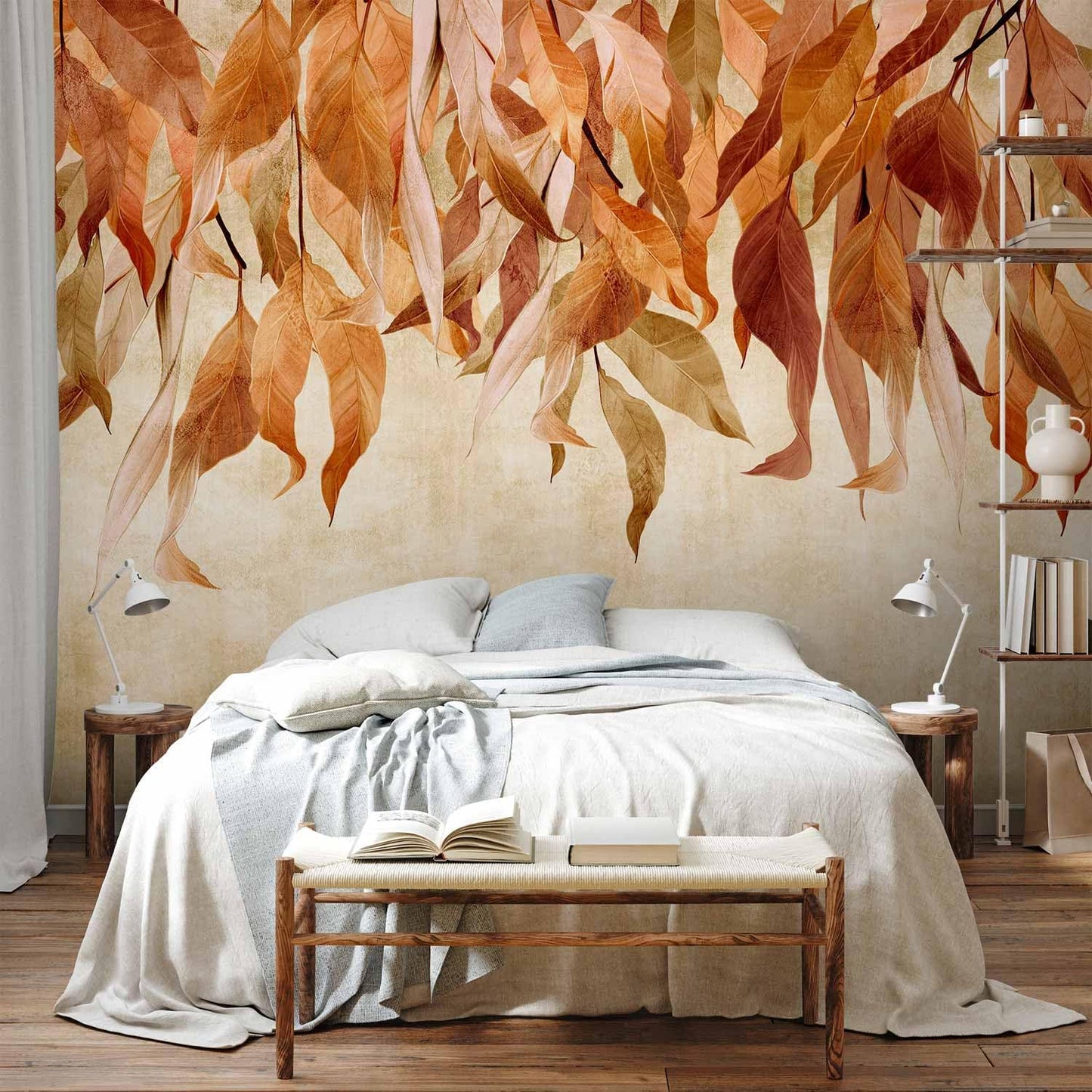 artgeist Premium Wall Mural Hanging Leaves 177x124 in - Non-Woven Wallpaper Fleece Wall Decor Photo Print Picture Image Design Nature Botanical Concrete Orange Beige b-C-10146-a-c
