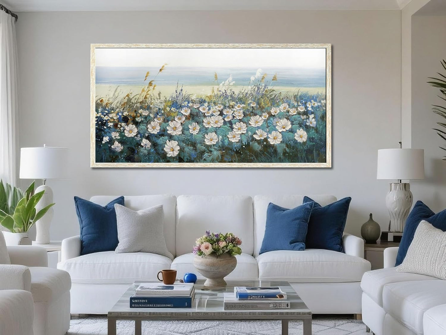 Arjun Flowers Wall Art Canvas White Daisy Floral Painting Blue Coastal Landscape Picture Modern Artwork for Living Room Bedroom Bathroom Dinning Room Office Home Wall Decor Large Framed 40"x20"