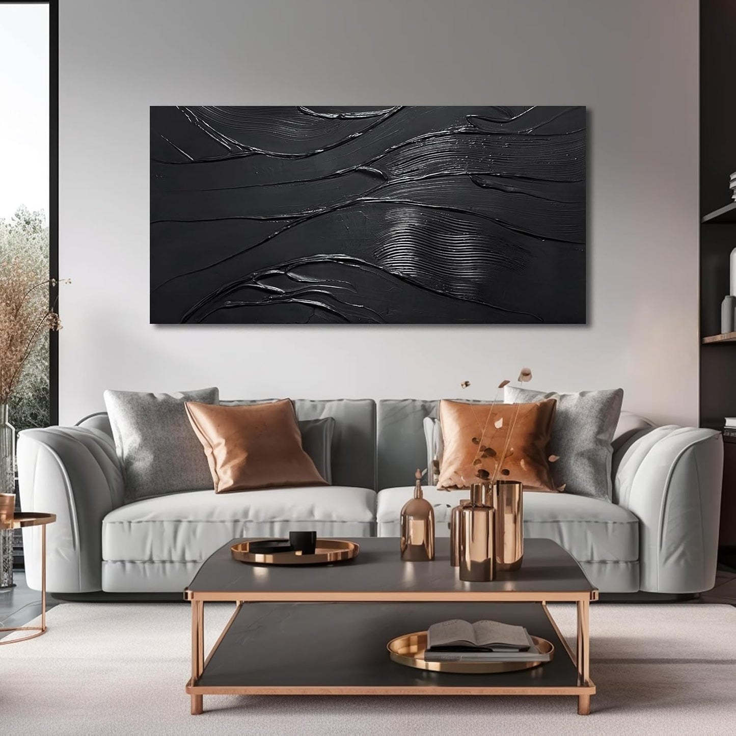 Modern Wall Decor For Bedroom Abstract Hand-Painted Oil Painting For Living Room Black Canvas Wall Art For Home Office Size 24 x 47 Inch