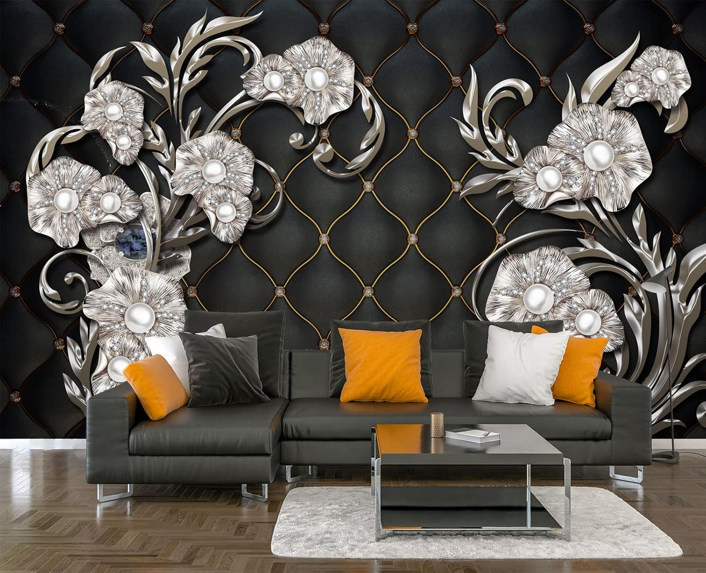 Black Hard Wrapped Pearl Embossed Flowers Wall Mural Wallpaper for Bedroom 178" x 117"
