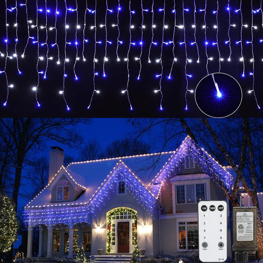 Brightown Icicle Lights Outdoor, 20Ft Christmas Lights with 30 Drops, 1125 LED Firecracker Icicle Christmas Light Outdoor with Timer for House Eaves Wedding, Blue and White