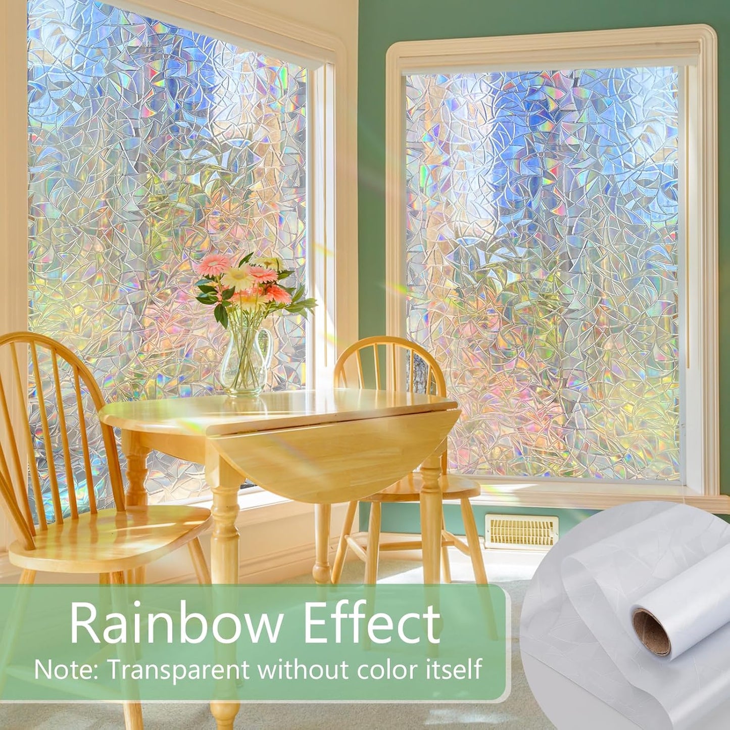 HIDBEA Window Privacy Film Static Clings, Rainbow Window Film, 3D Decals Non-Adhesive Window Vinyl Film for Home Door, 17.3 Inch x 13.1 Feet