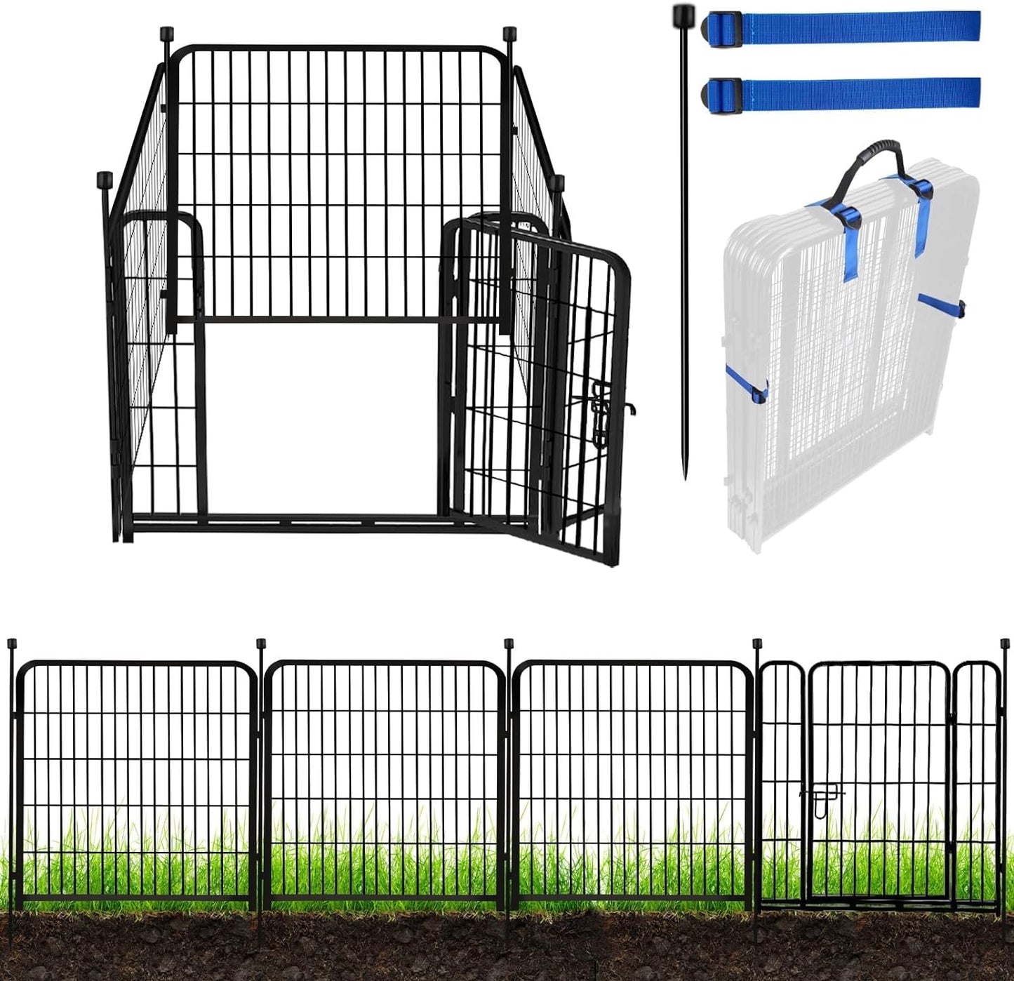 ADAVIN 32 in(H) Garden Fences and Borders,1 Gate+3 Panels Dog Fence Outdoor for Yard, Heavy Duty Iron Metal Animal Barrier Fence, Camping Fence, Flower Garden Fencing,Total 8.9 Ft(L), Black