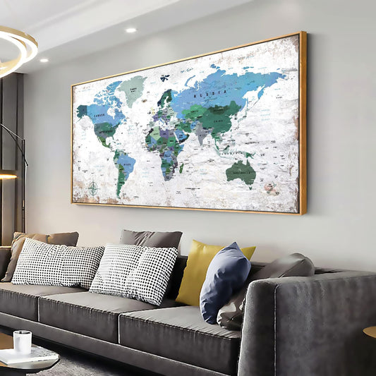 Framed Wall Art World Map Wall Art Canvas Picture 24inchx48inch Large Blue Map of The World Canvas Painting Artwork Prints for Office Wall Decor Home Living Room Decorations Framed Ready to Hang