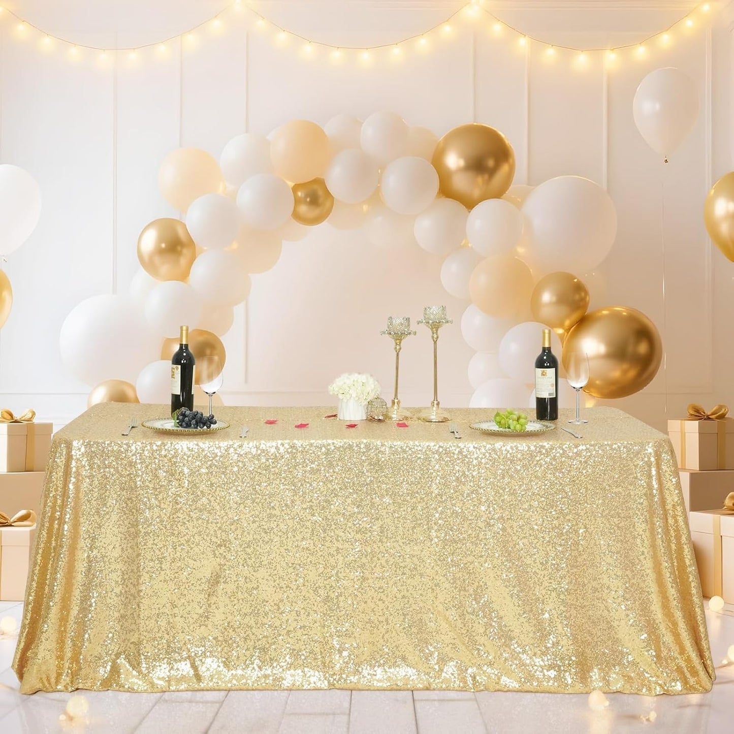 SquarePie Sequin Tablecloth 50 x 72 Inch Light Gold Glitter Table Cloth for Wedding Party Decoration