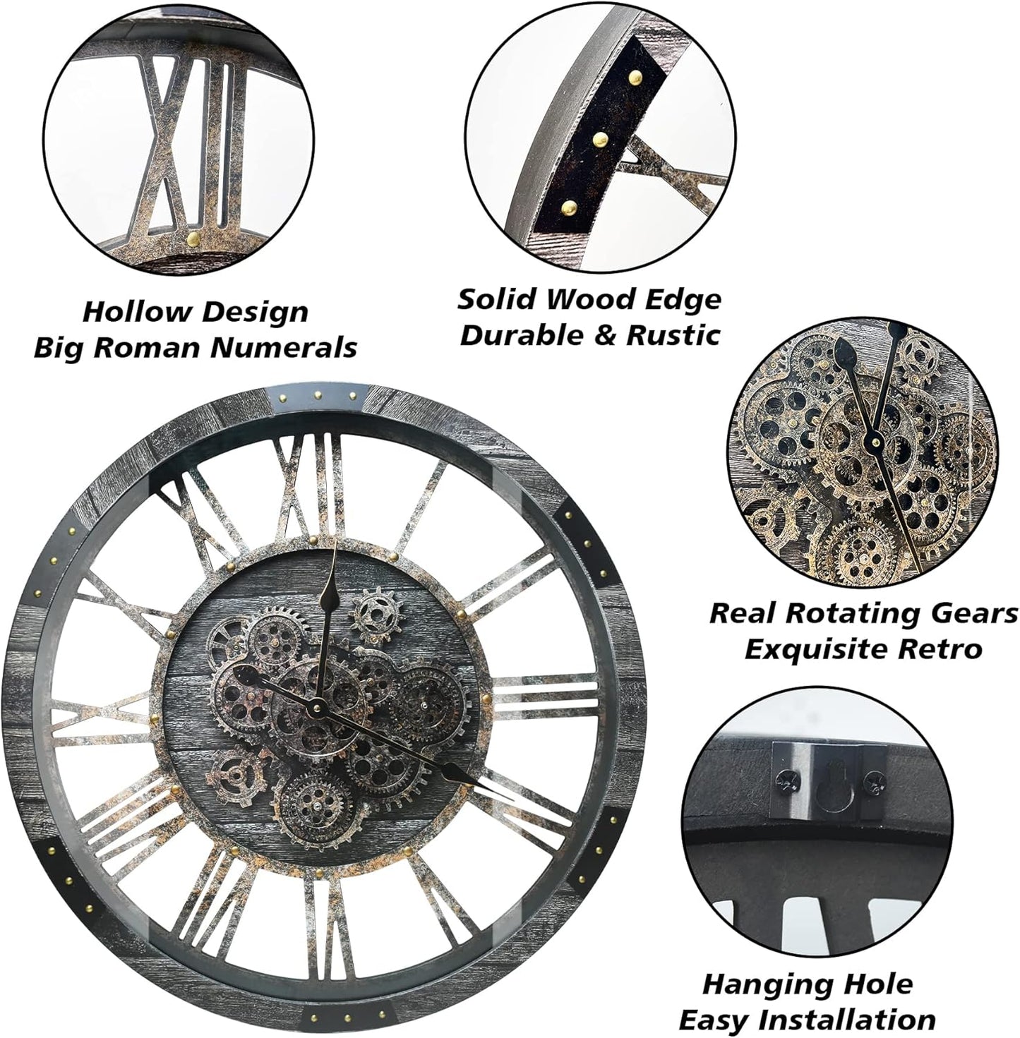DORBOKER 36" Extra Large Wall Clock with Moving Gears, Oversized Giant Industrial Steampunk Rustic Clocks for Wall Decor Living Room Home Office, Solid Wood Retro Metal,Carbon Grey