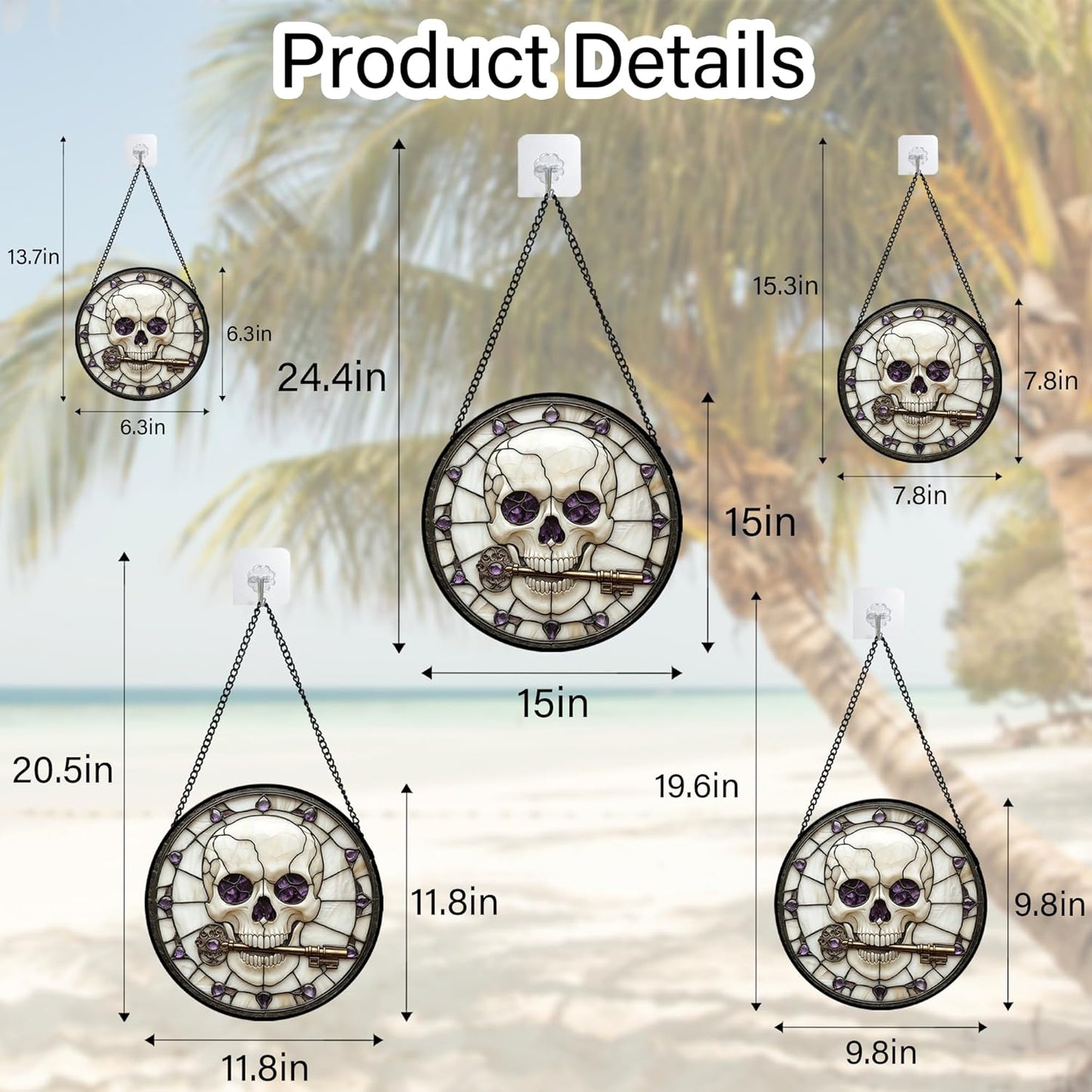 Stained Glass Window Hanging - Halloween Scary Skull Suncatcher for Doors Garden Home Spooky Purple Skeleton Key Sun Catchers Gothic Decor Horror Gifts for Women Men Friend Boy Girl 15 in