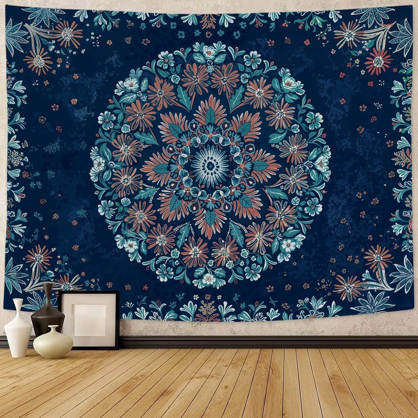 Fowocu Boho Floral Mandala Tapestry Wall Hanging Blue Bohemian Flower Medallion Tapestry Aesthetic Vintage Navy Hippie Indian Small Tapestries for Bedroom Living Room Dorm Decor 40 x 30 Inch