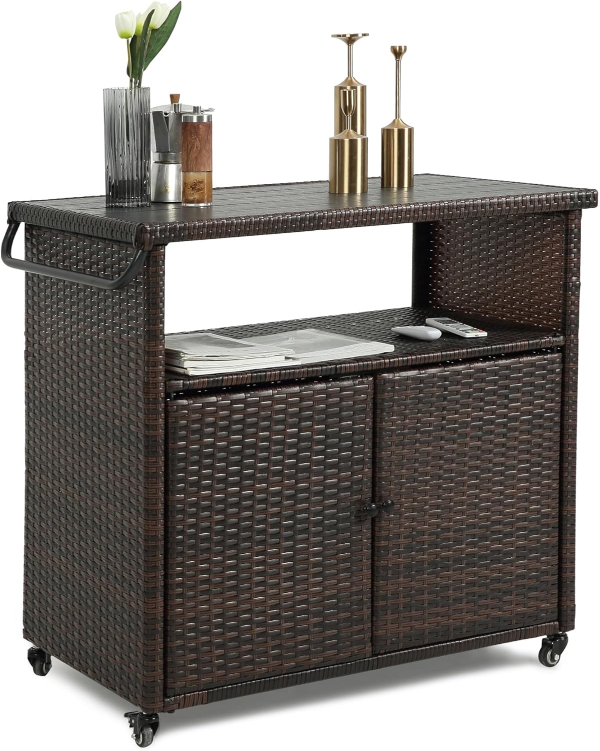 Wicker Outdoor Bar Cart - Brown Patio Console Storage Table Buffet Cabinet Serving Kitchen Cart with Wheels for Outside Backyard