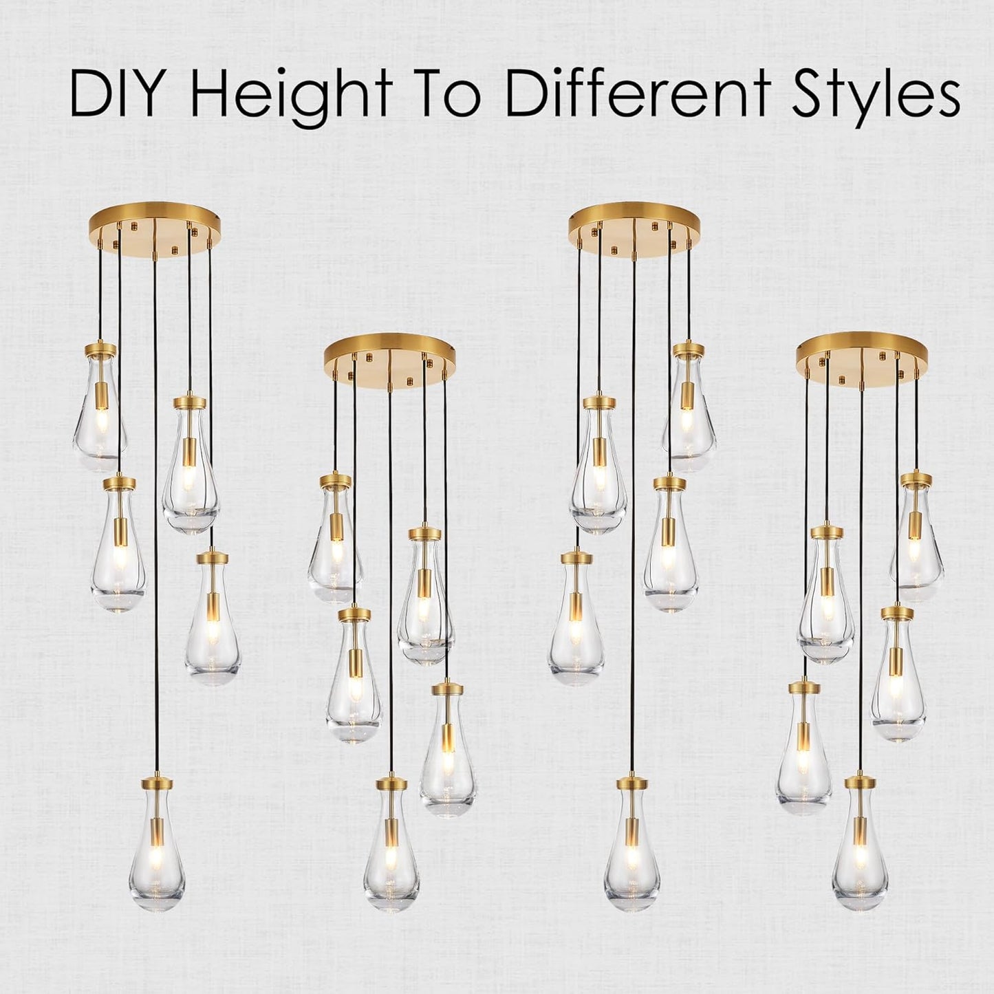 5-Light Raindrop Pendant Light Fixtures, Brass Glass Pendant Lighting, Teardrops Modern Hanging Light for Entryway Foyer Kitchen Island Dining Living Room Hallway
