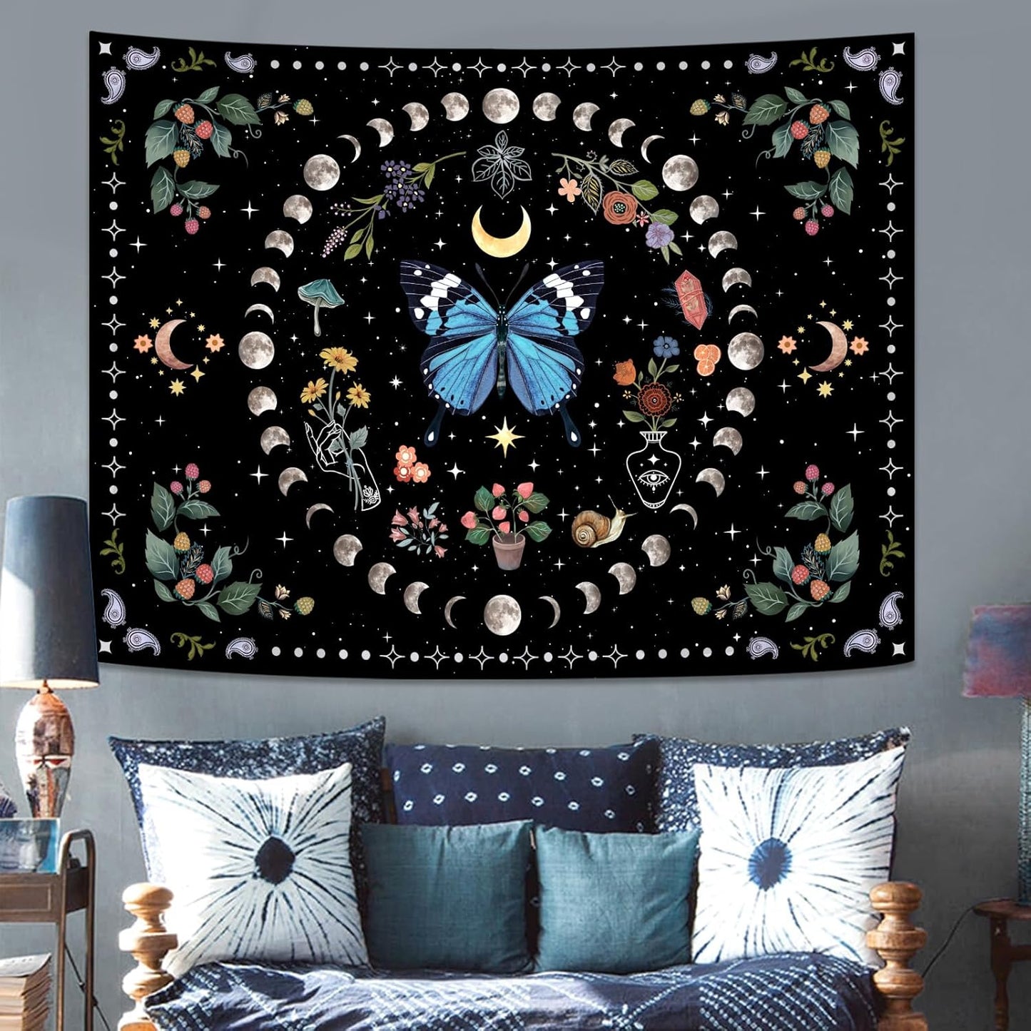 Aipon Blue Butterfly Moon Flower Boho Floral Tapestry for Bedroom & Living Room (60.00'' 80.00'', Blue)