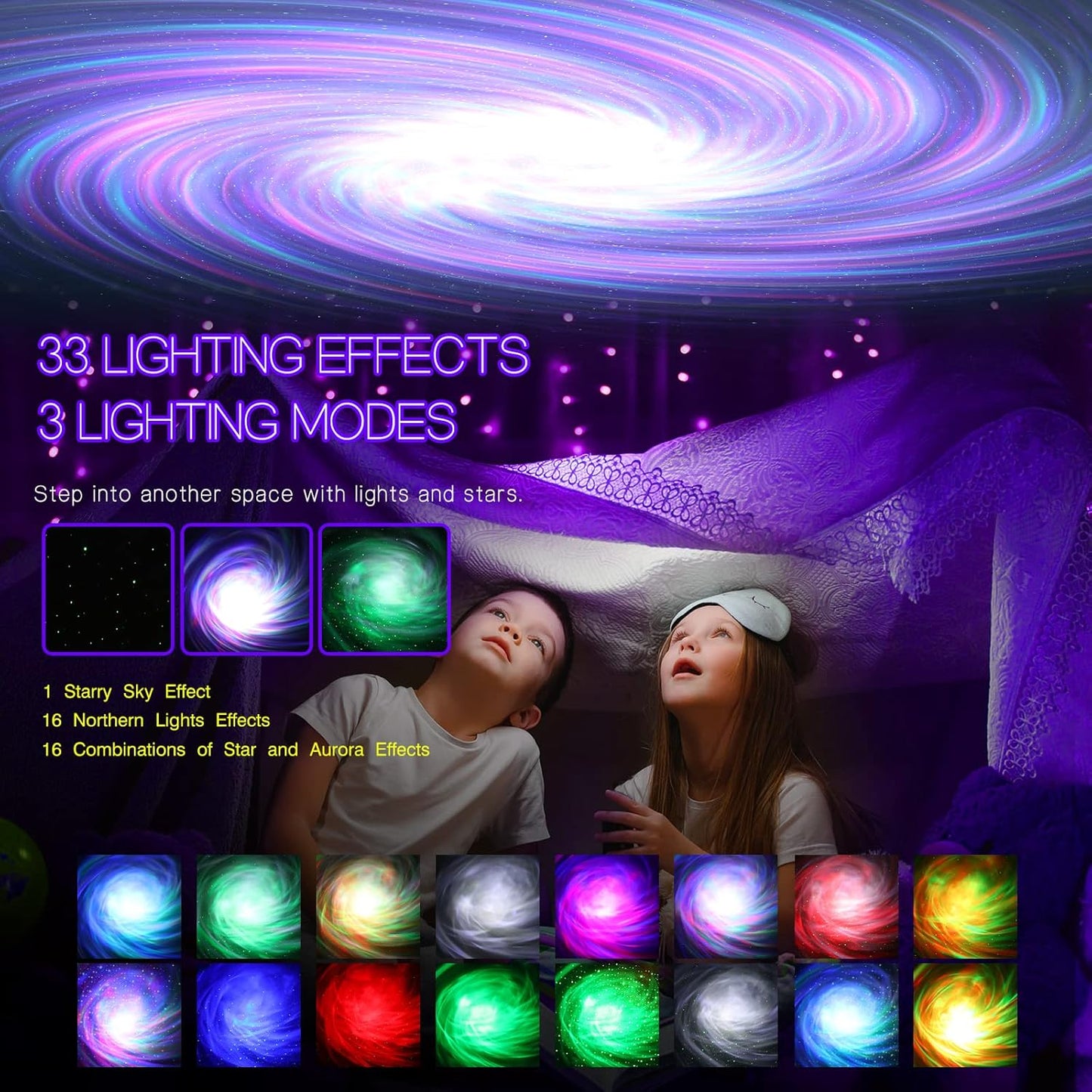 Northern Galaxy Light Aurora Projector with 33 Light Effects, Night Lights LED Star Projector for Bedroom Nebula Lamp, Remote Control, White Noises, Bluetooth Speaker for Parties, Jet Black