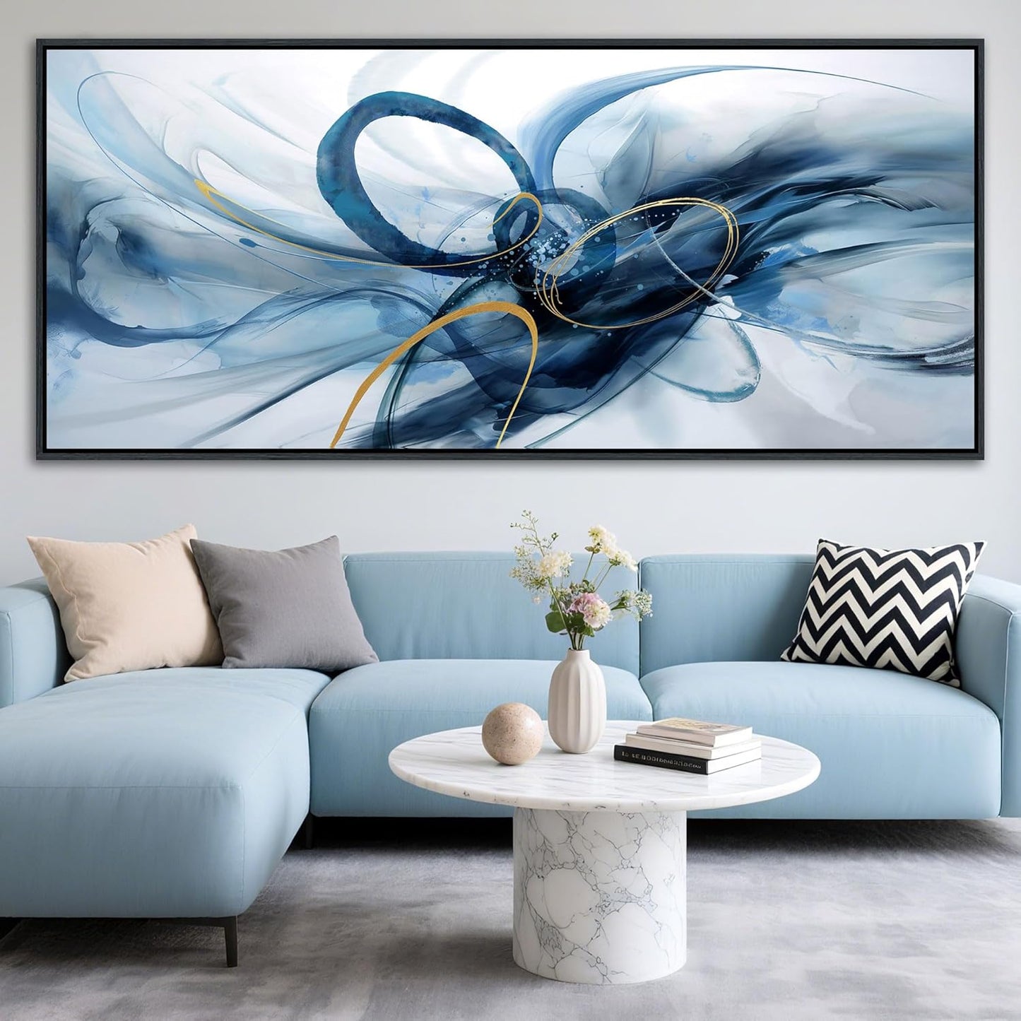 XLSJERST Abstract Wall Decor Living Room - 86x39 Inches Modern Canvas Wall Art Blue and White Picture Artwork for Office Bedroom Home Decoration