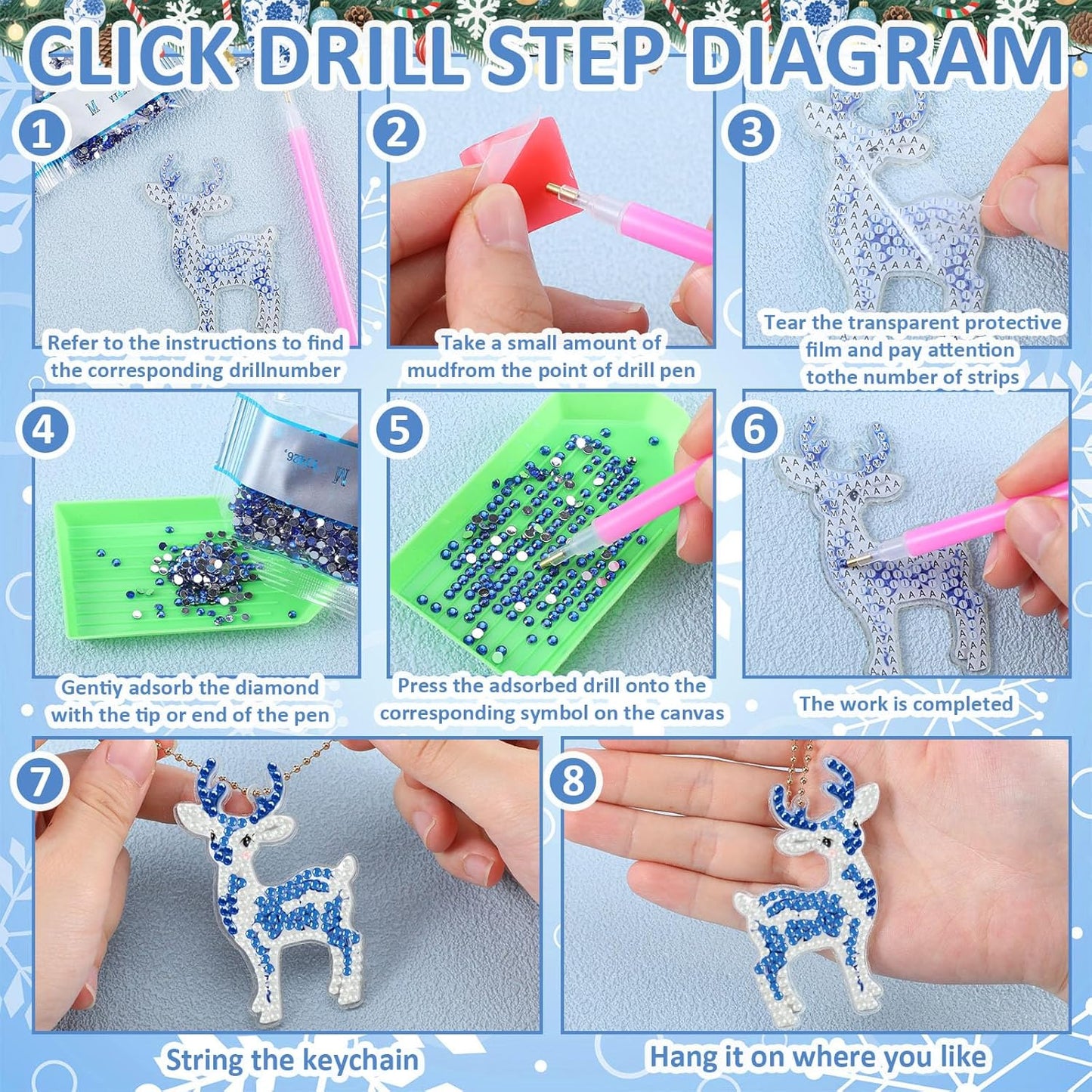 Tondiamo 20 Pcs Christmas Diamond Painting Keychain Kits 5D DIY Diamond Art Pendants Double Sided Hanging Key Chains for Christmas Party Decoration DIY(Blue and White Porcelain)