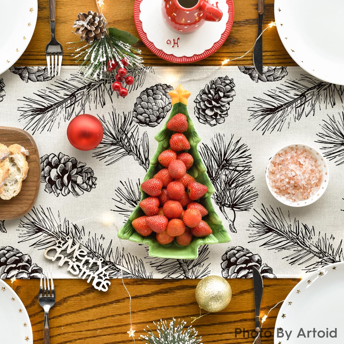 Seasonal Fir and Pine Cone Christmas Table Runner - Winter Leaves Holiday Dining Decor (Available in 4 Sizes)