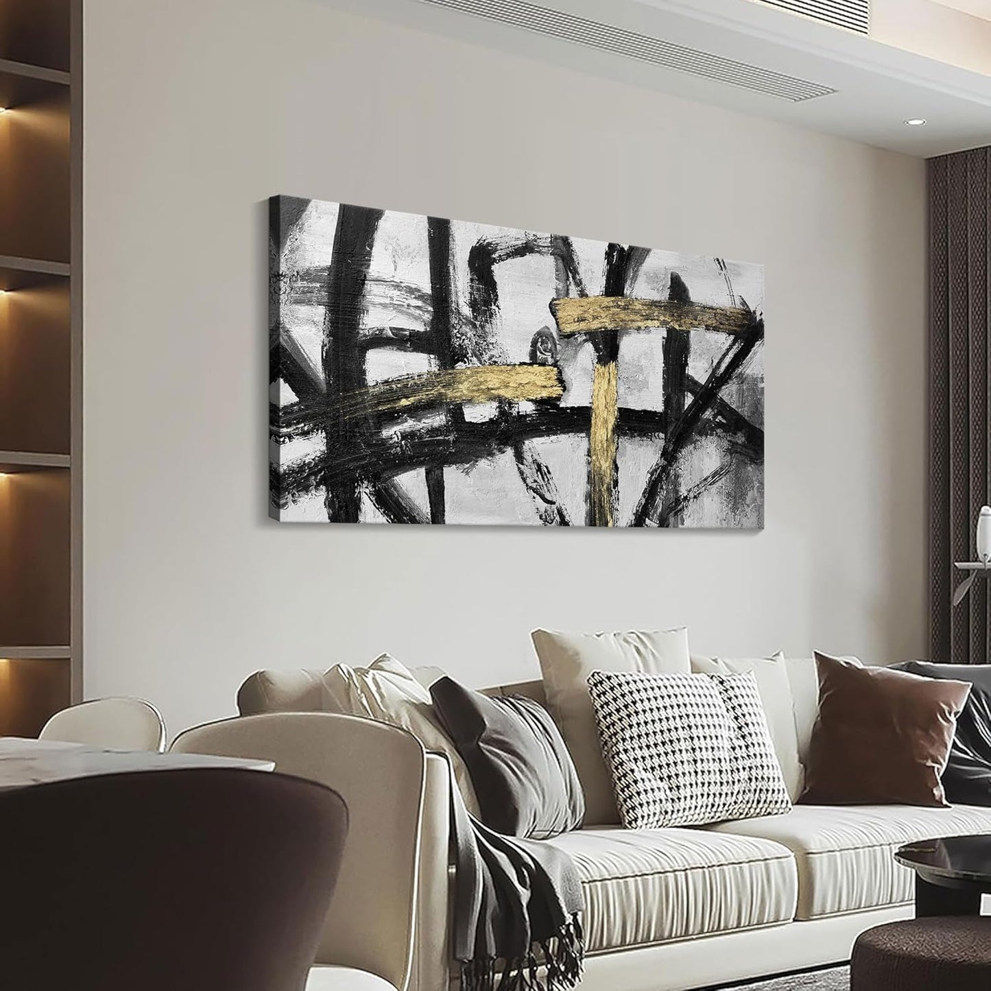 Black White and Gold Wall Art, Modern Paintings Abstract Graffiti Canvas Prints Artwork Black Grey Wall Pictures for Living Room Bedroom Bathroom Home Office Decor 20x40 In