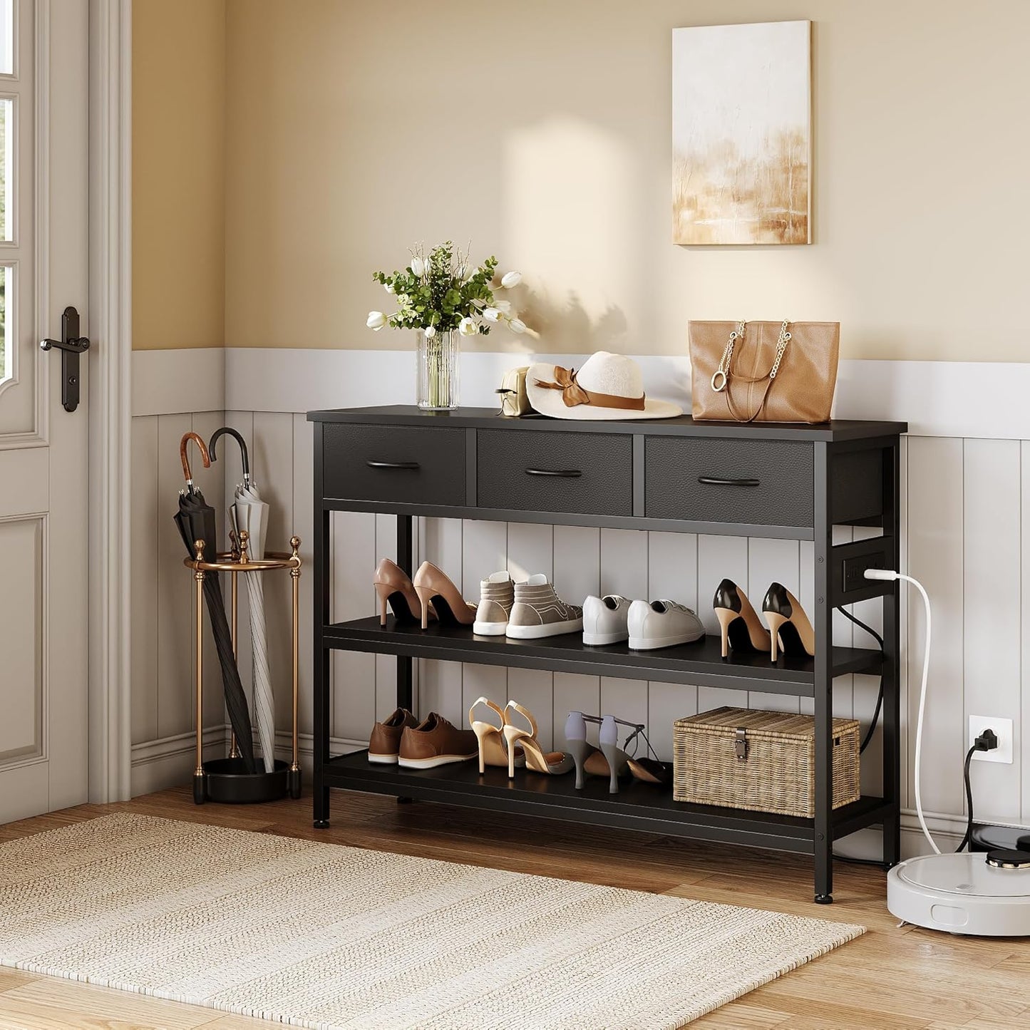 Lulive Entryway Table with Power Outlets, Console Table with 3 Fabric Drawers, Sofa Table for Living Room, Hallway, Couch, Foyer, Height Adjustable (Black, 43")