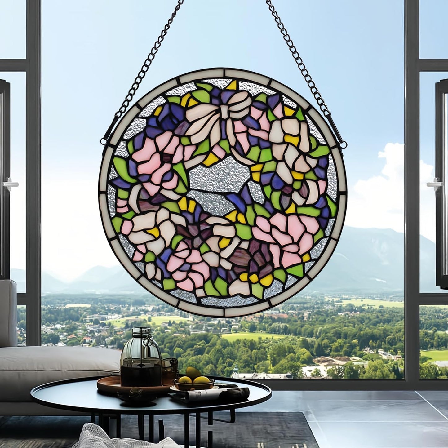 Handcrafted Stained Glass Window Panel - 12-Inch Round Floral Design with Vibrant Colors, Elegant Decorative Hanging Art for Home Décor, Includes 20-Inch Chain & Hook (Pink Iris)