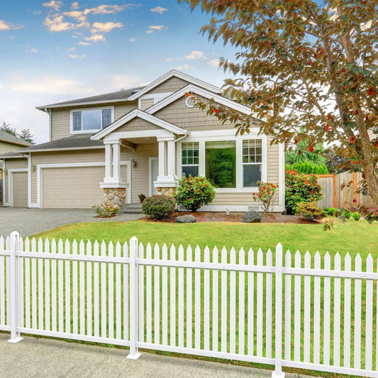 Patio 9 Sets Vinyl Picket Fence Panels 30" H x 84" W White PVC Decorative Fence for Front Yard Porch Patio Deck Pool Air Conditioner Fence Safety Dog Fence (34 Pickets, Straight)
