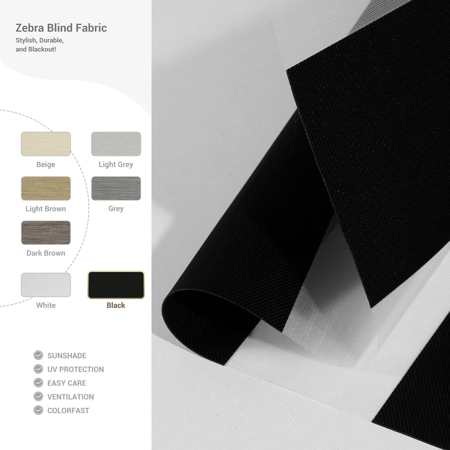 Cordless Zebra Blinds for Windows, Blackout Interior Blinds,Easy to Install,UV Protection,for Offices and Home,Custom Roller Shades, Solid Black, 74" W x 36" H