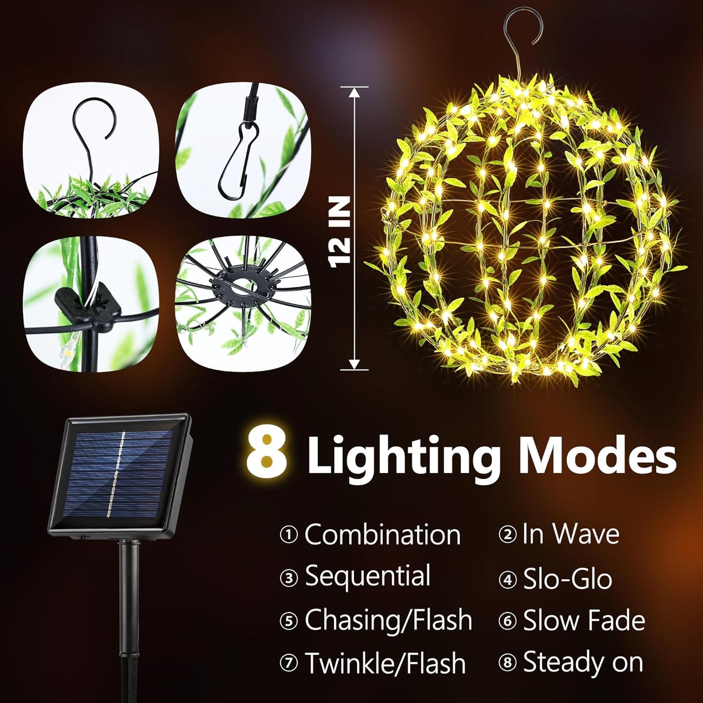 Solar Powered Hanging Iron Sphere Lights with Artificial Greenery – 12Inch 120 LED Waterproof Outdoor Decor Ball Light with Timer & 8 Modes – 2 Pack for Garden, Christmas, Weddings (Warm White)