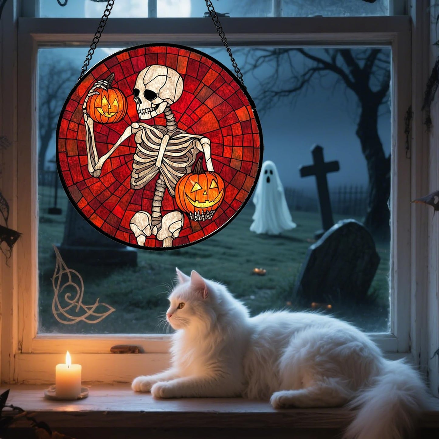 Stained Glass Window Hanging - Halloween Decorations Skeleton Pumpkin Suncatcher for Doors Garden Indoor Spooky Funny Sun Catchers Gothic Decor Horror Gifts for Women Men Friend 6.3 in