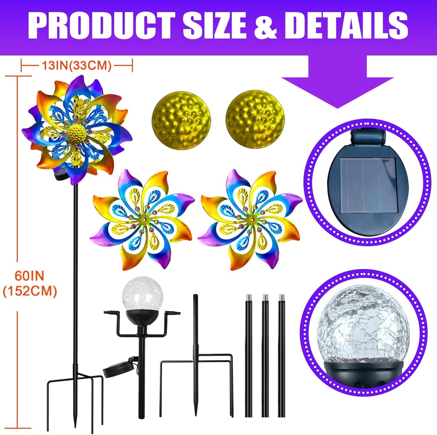 60 Inch Solar Wind Spinner Outdoor - Double-Sided Rotating Colorful Kinetic Wind Spinners for Garden, Yard Decorations Outdoor,Metal Wind Sculptures & Spinners, Wind Art